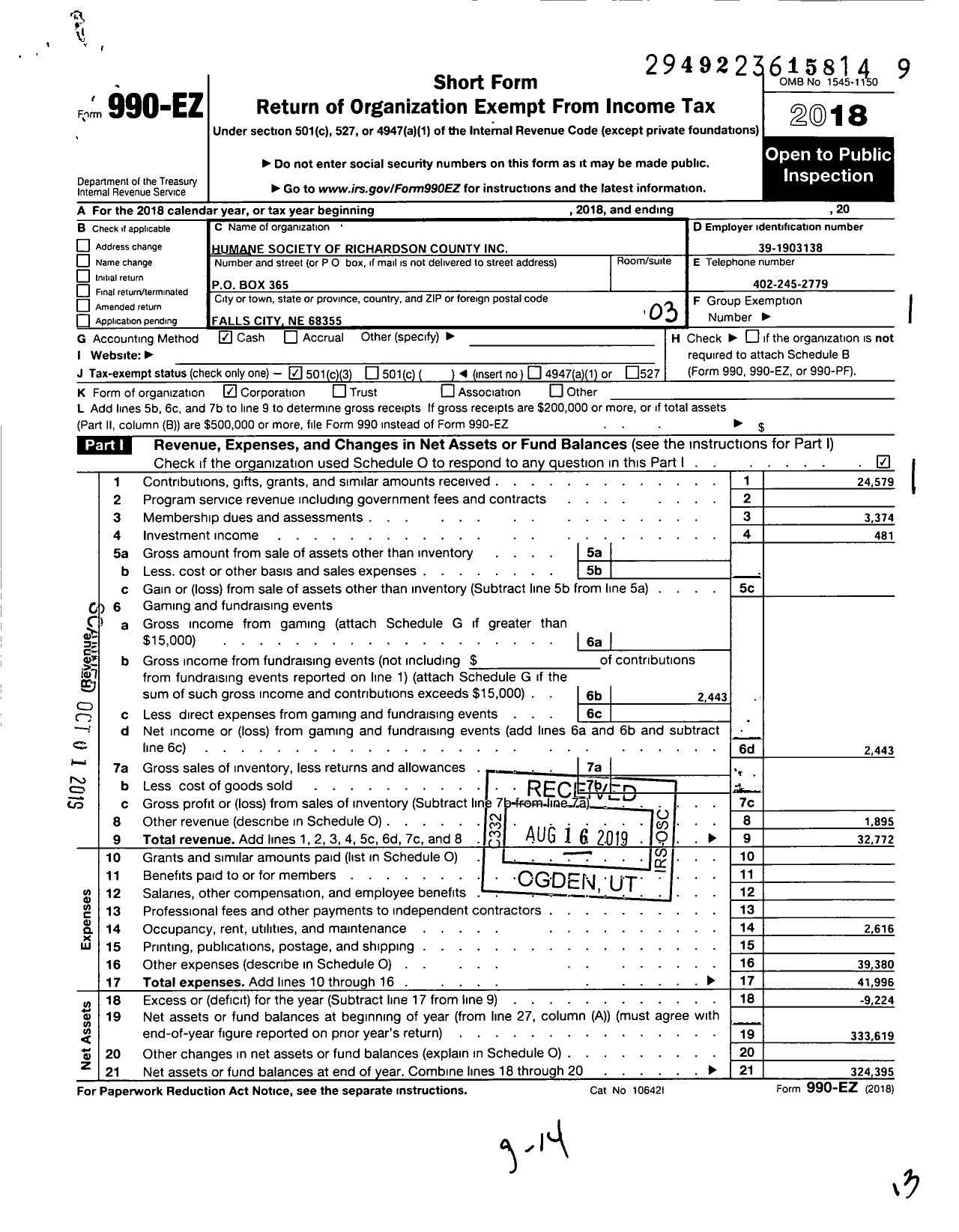 Image of first page of 2018 Form 990EZ for Humane Society of Richardson County