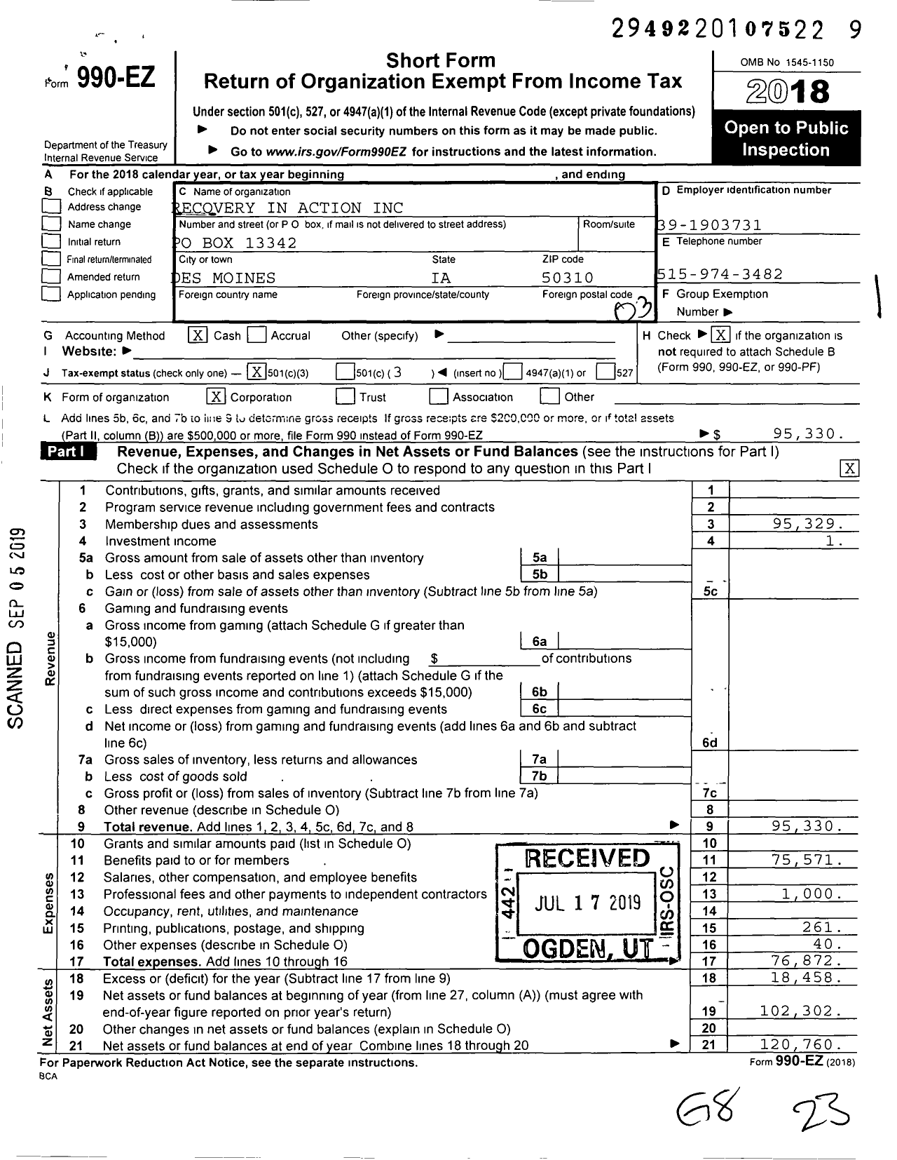 Image of first page of 2018 Form 990EZ for Recovery in Action