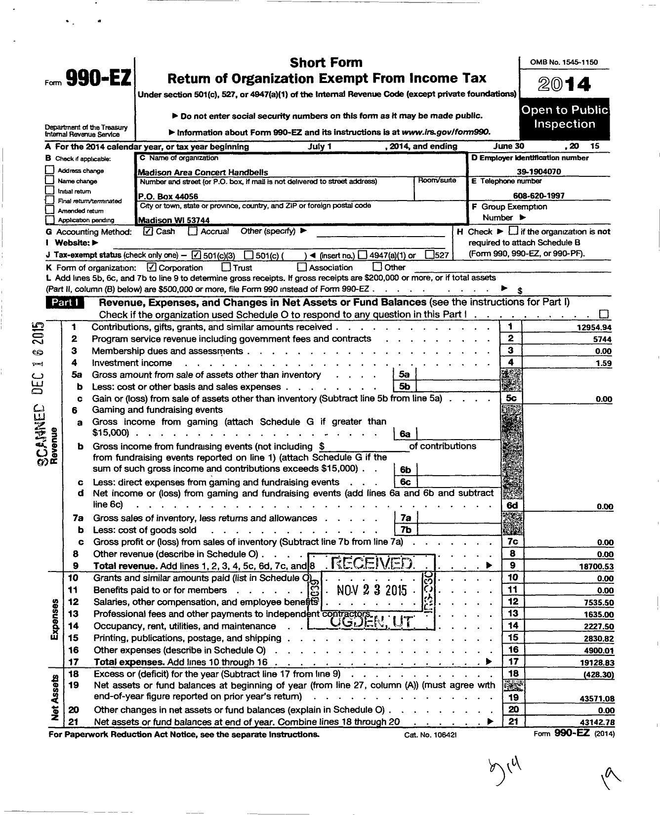 Image of first page of 2014 Form 990EZ for Madison Area Concert Handbells