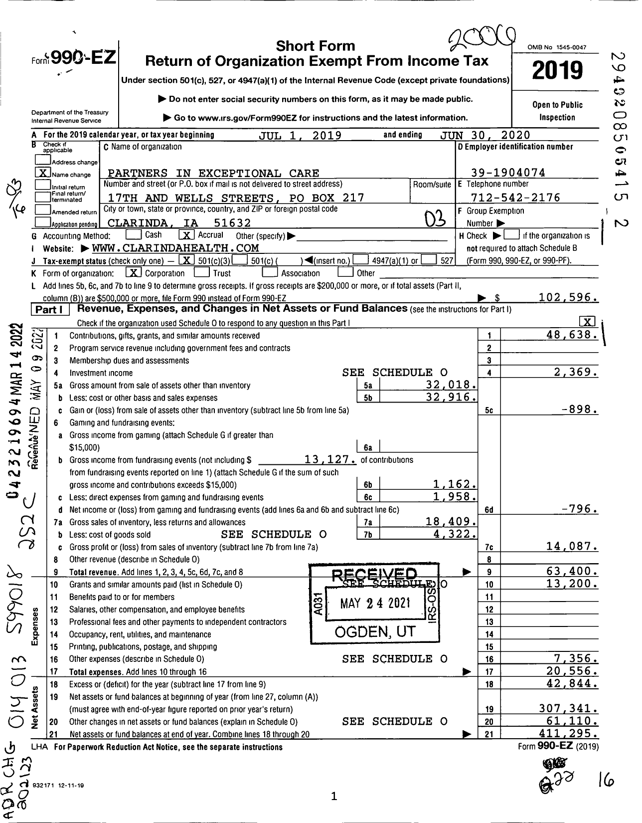 Image of first page of 2019 Form 990EZ for Partners in Exceptional Care