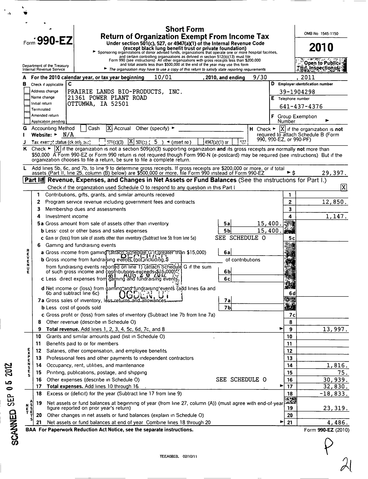 Image of first page of 2010 Form 990EO for Prairie Lands Bio-Products