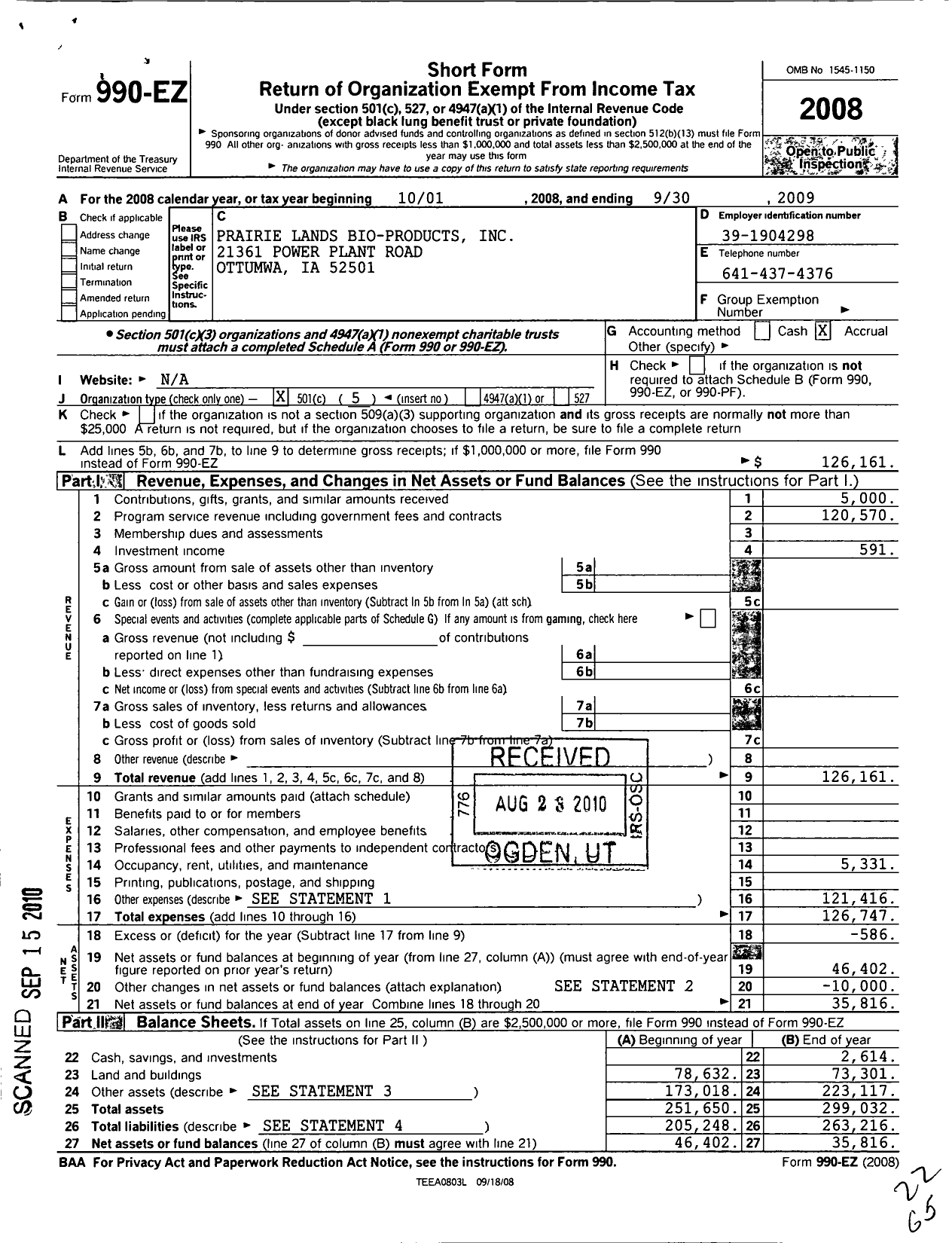 Image of first page of 2008 Form 990EO for Prairie Lands Bio-Products