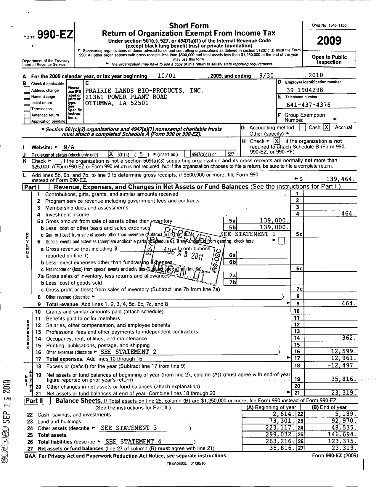 Image of first page of 2009 Form 990EO for Prairie Lands Bio-Products