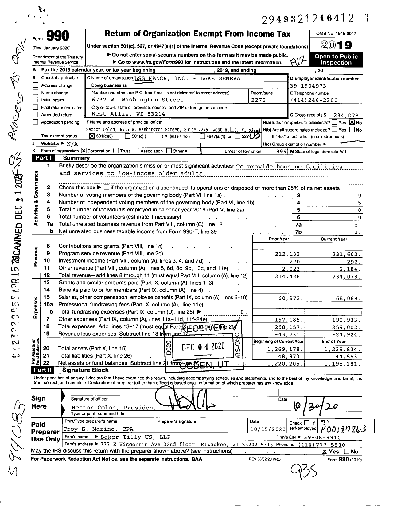 Image of first page of 2019 Form 990 for LSS Manor - Lake Geneva