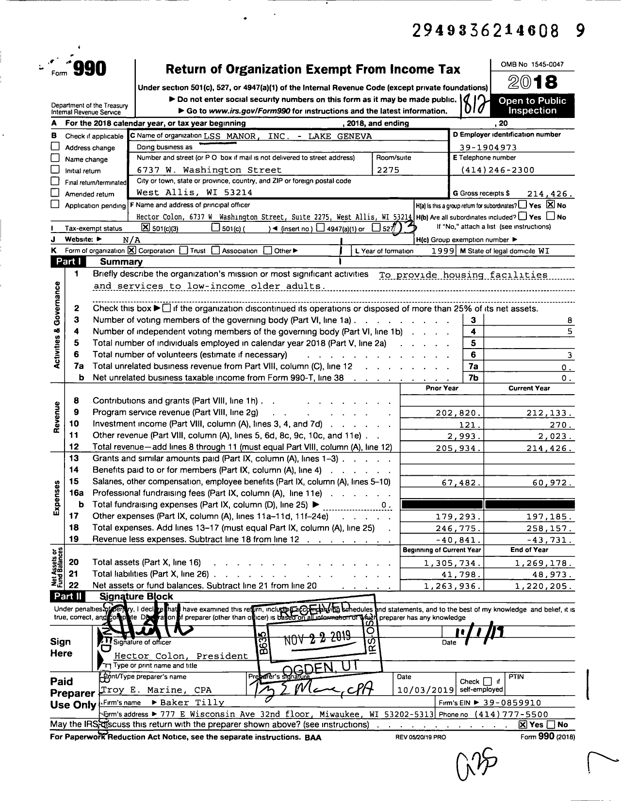 Image of first page of 2018 Form 990 for LSS Manor - Lake Geneva