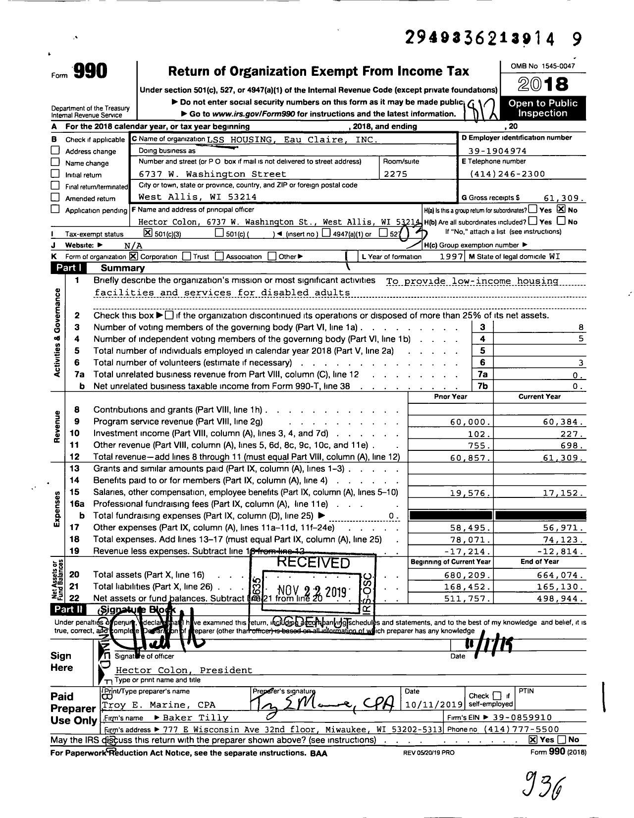 Image of first page of 2018 Form 990 for LSS Housing Eau Claire