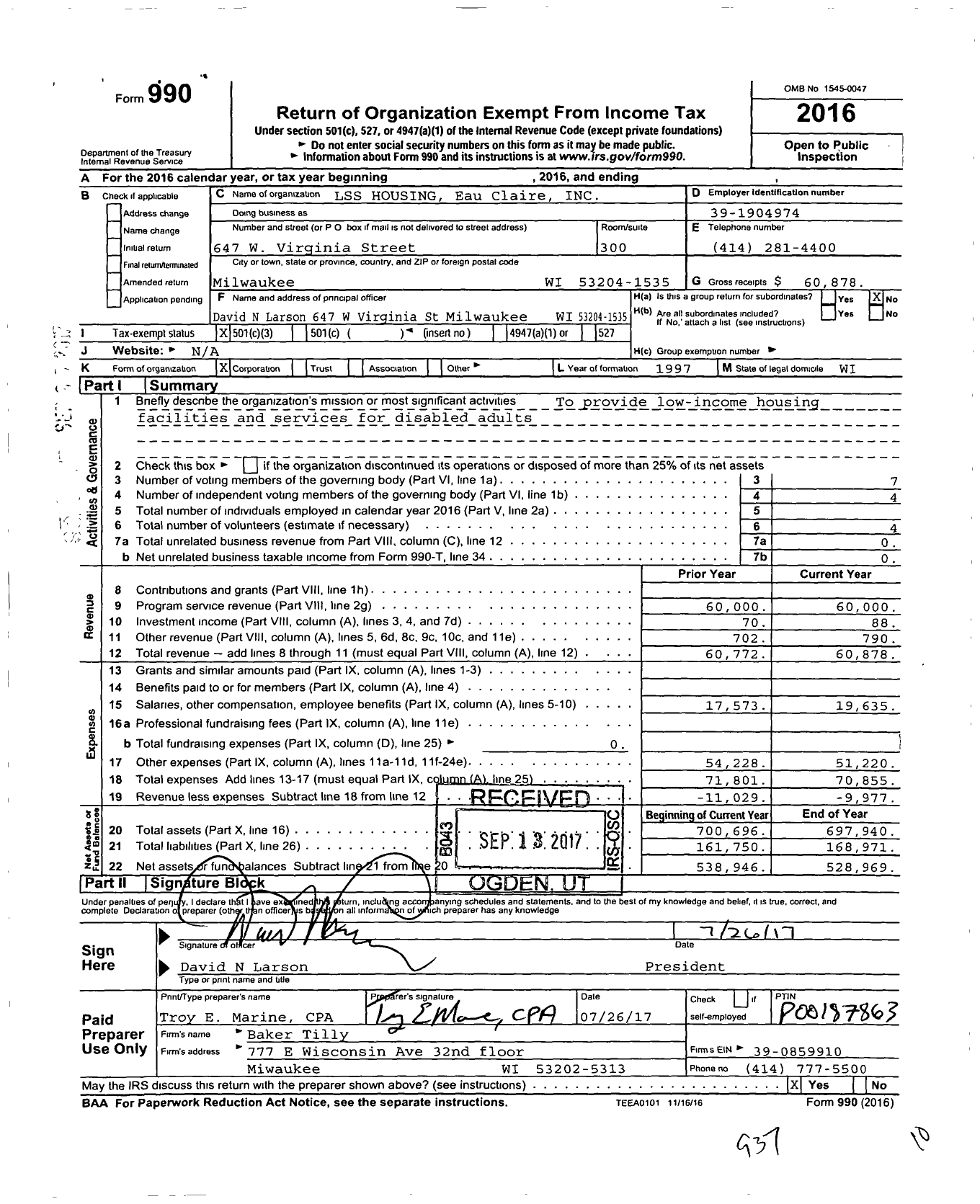 Image of first page of 2016 Form 990 for LSS Housing Eau Claire