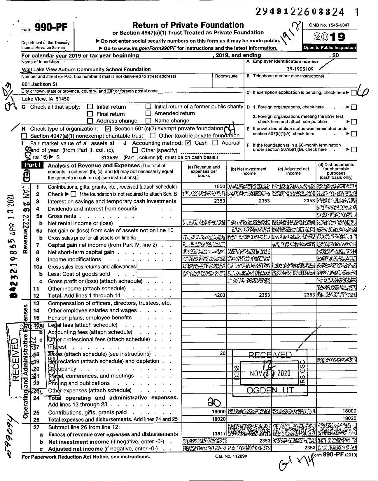 Image of first page of 2019 Form 990PF for Wall Lake View Auburn Community School Foundation