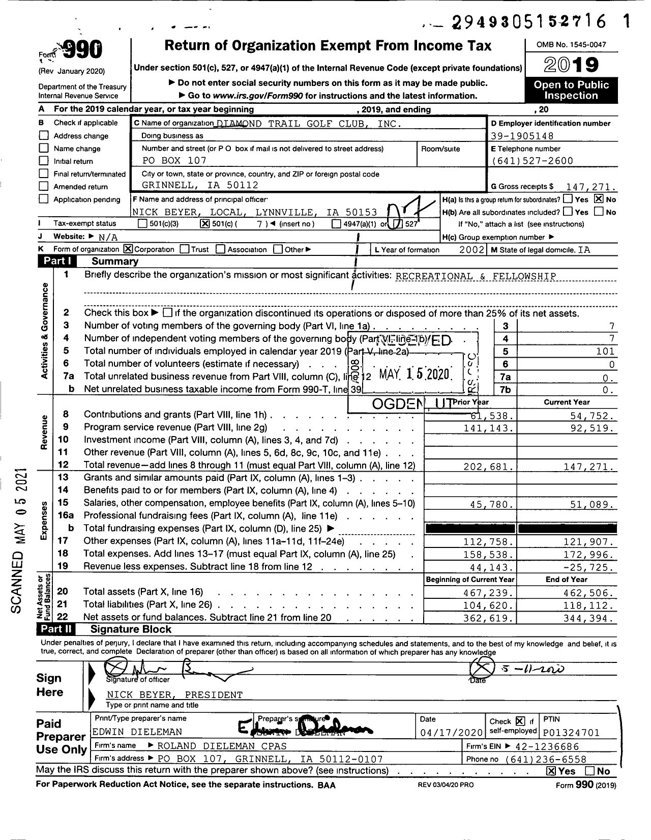 Image of first page of 2019 Form 990O for Diamond Trail Golf Club