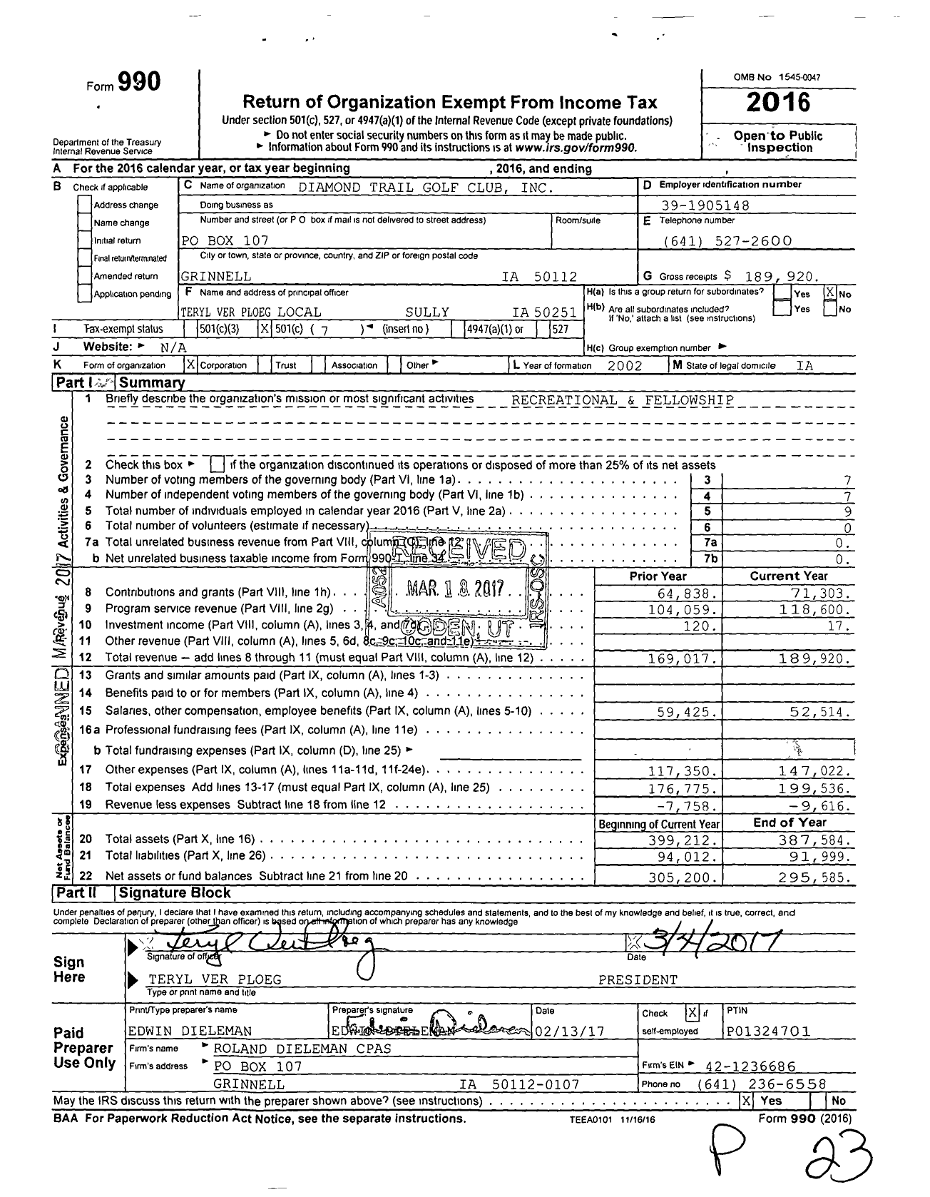 Image of first page of 2016 Form 990O for Diamond Trail Golf Club