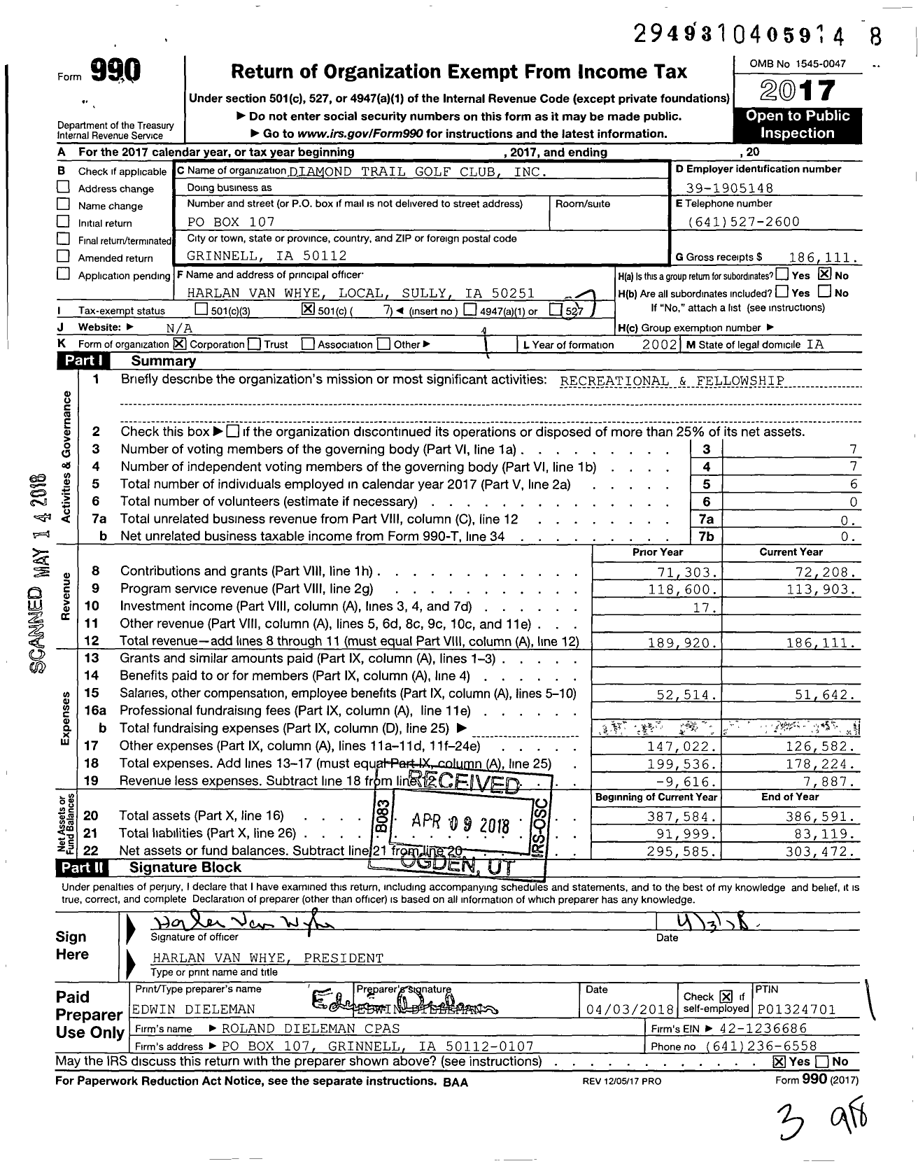 Image of first page of 2017 Form 990O for Diamond Trail Golf Club
