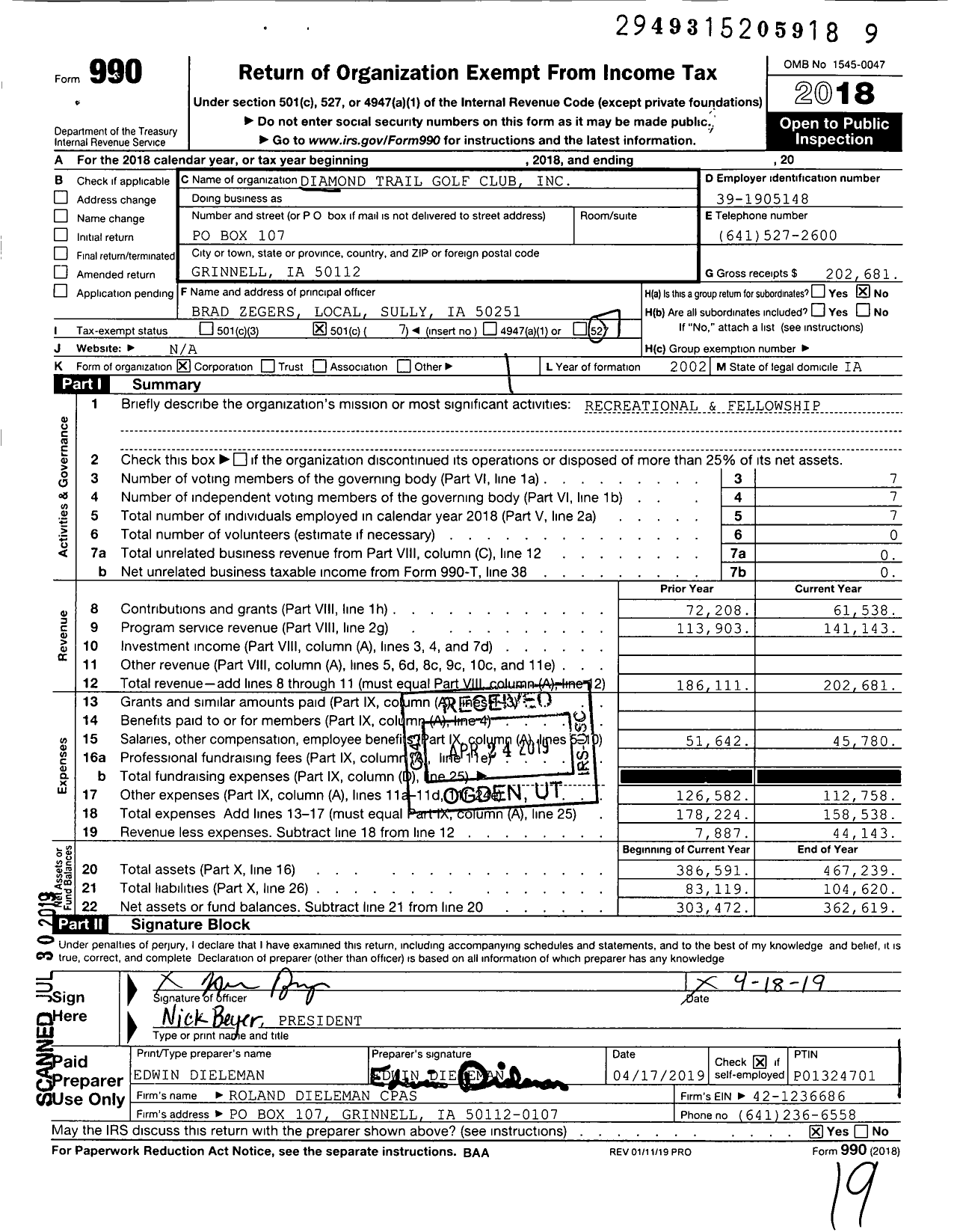 Image of first page of 2018 Form 990O for Diamond Trail Golf Club