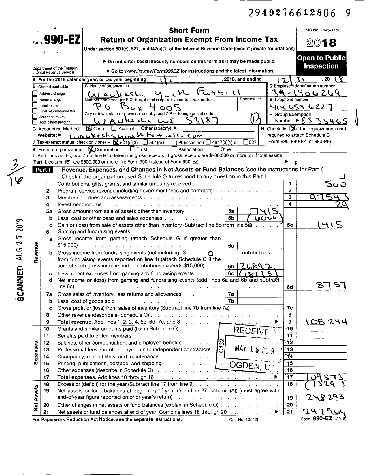 Image of first page of 2018 Form 990EZ for Waukesha Youth Football