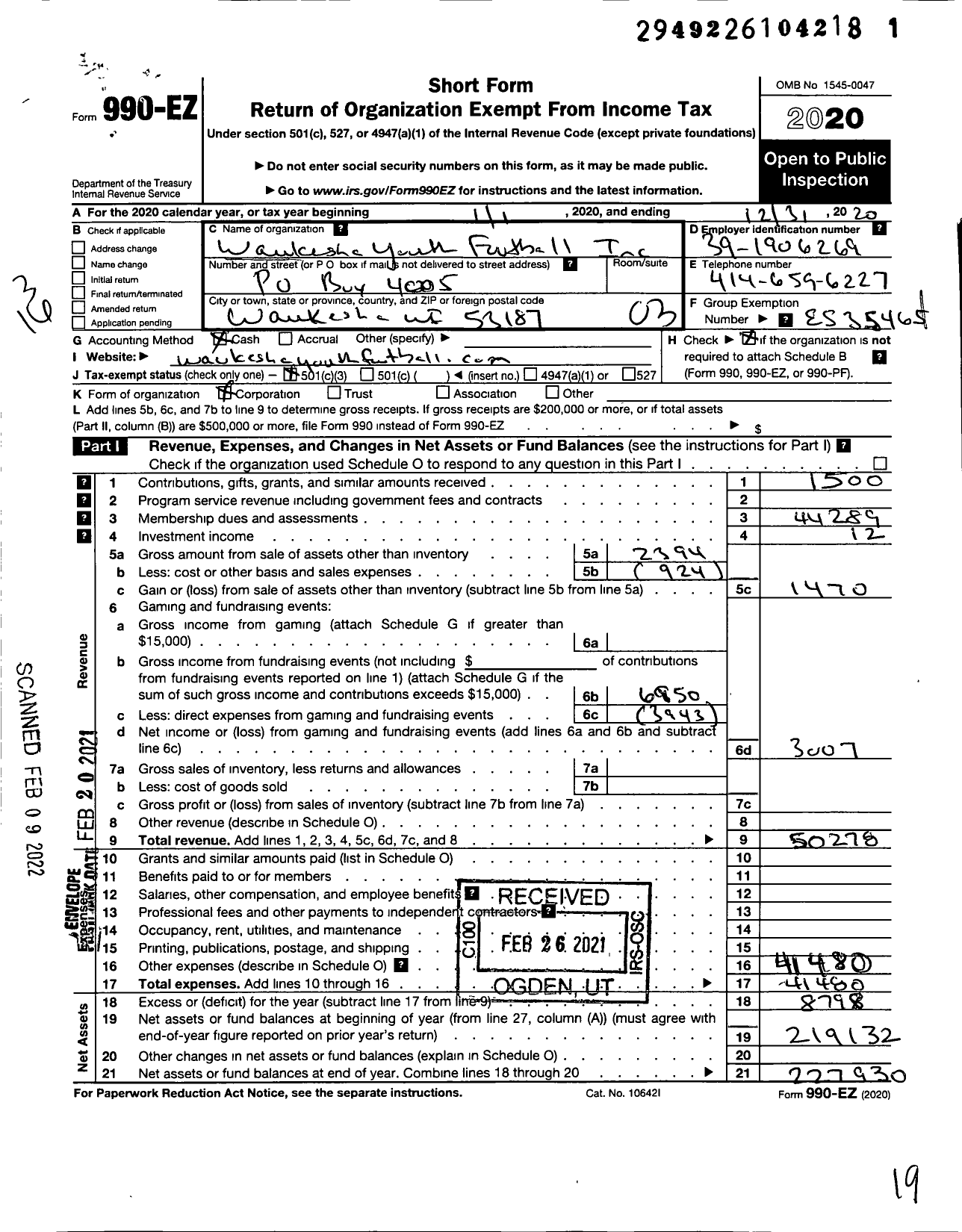 Image of first page of 2020 Form 990EZ for Waukesha Youth Football