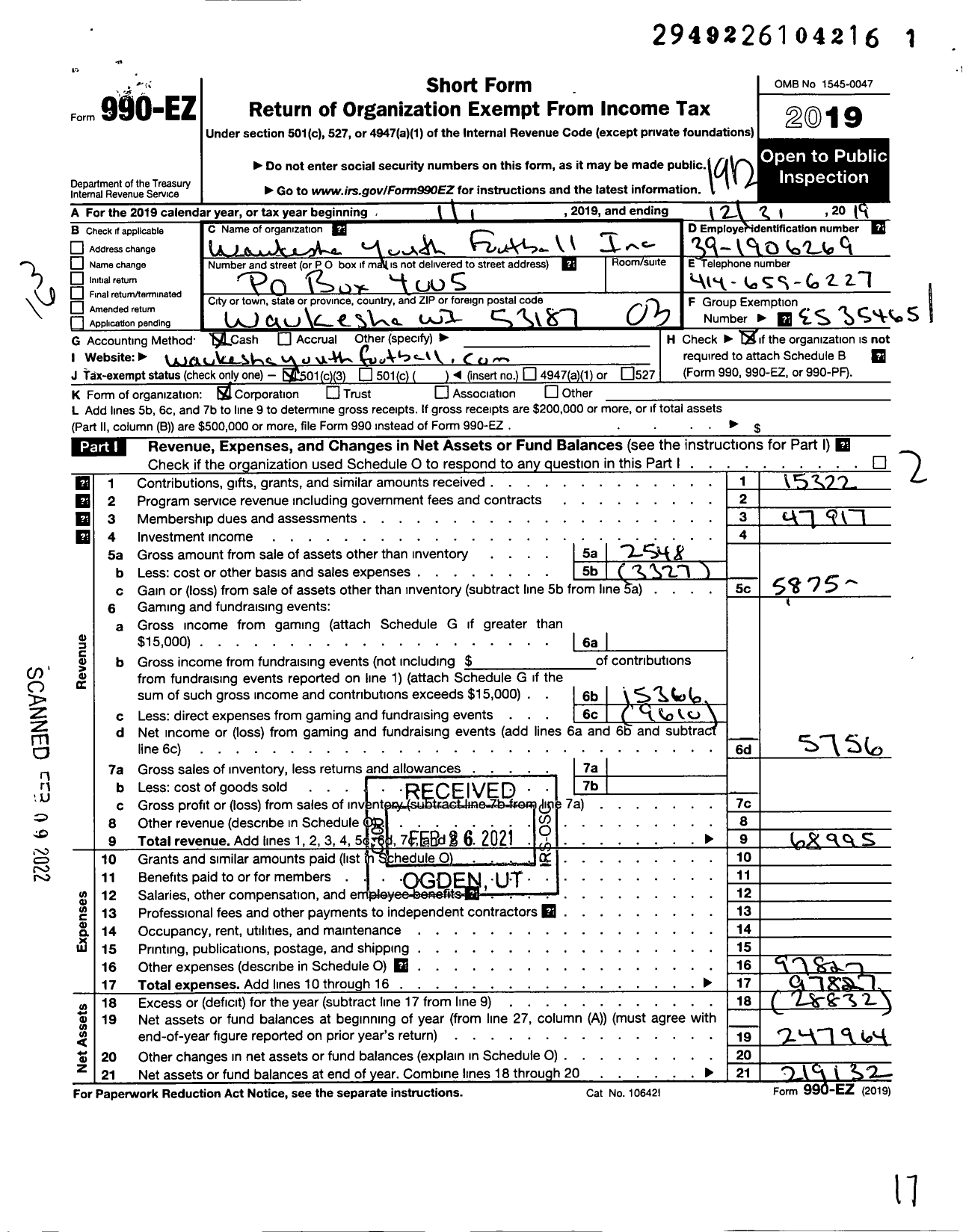 Image of first page of 2019 Form 990EZ for Waukesha Youth Football