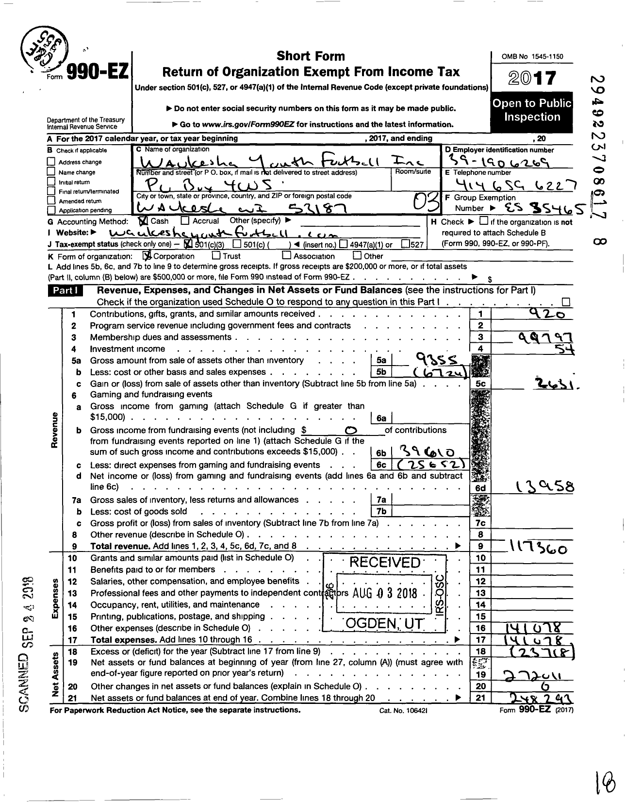 Image of first page of 2017 Form 990EZ for Waukesha Youth Football