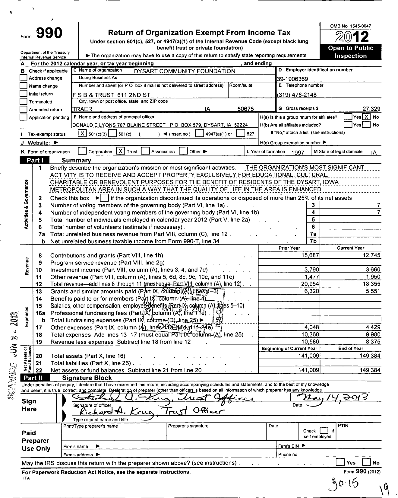 Image of first page of 2012 Form 990 for Dysart Community Foundation