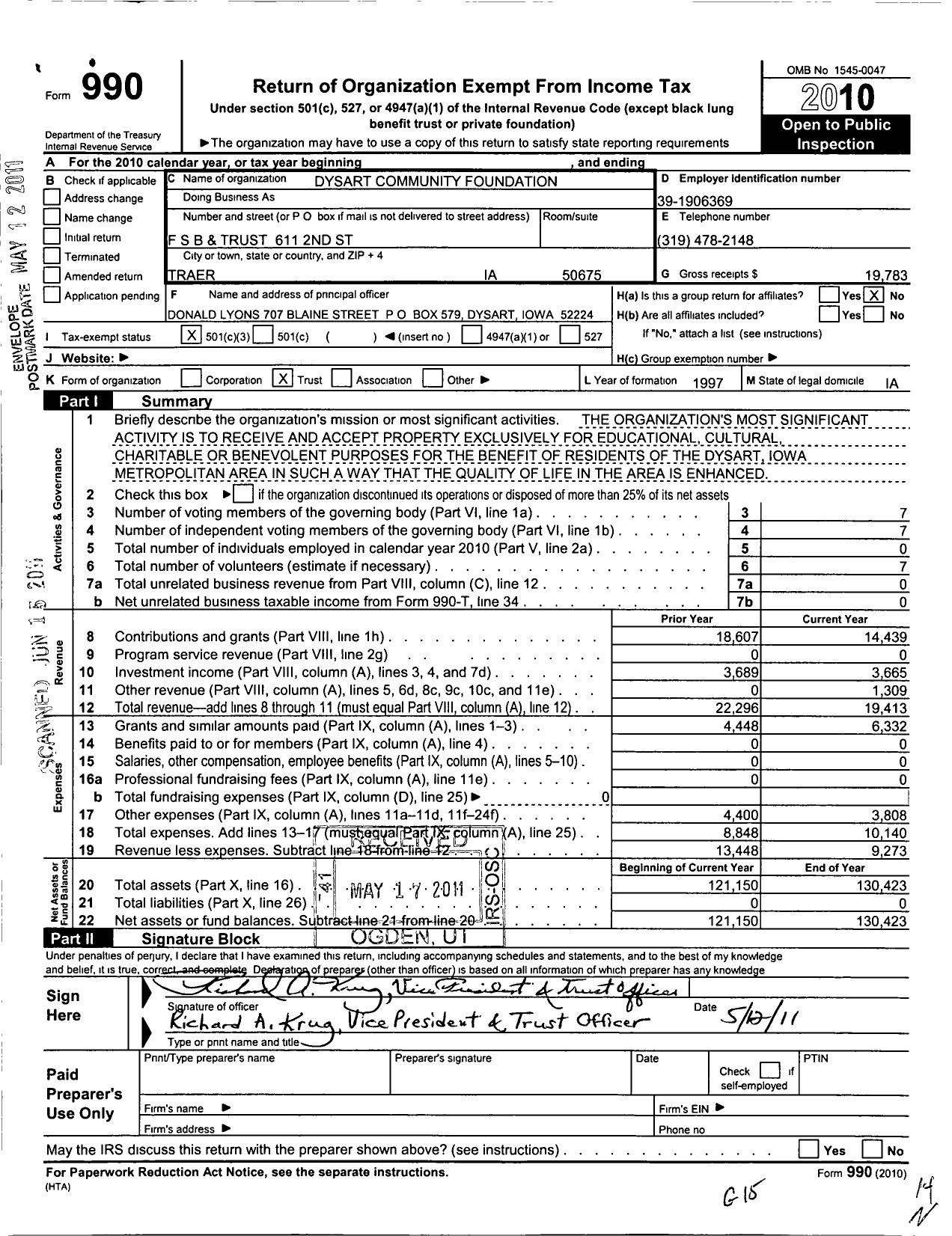 Image of first page of 2010 Form 990 for Dysart Community Foundation