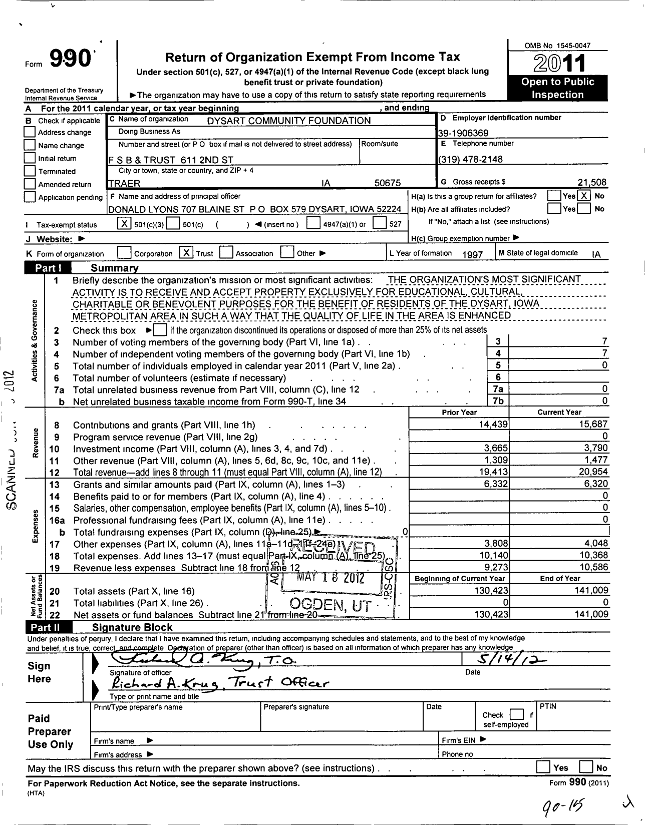 Image of first page of 2011 Form 990 for Dysart Community Foundation