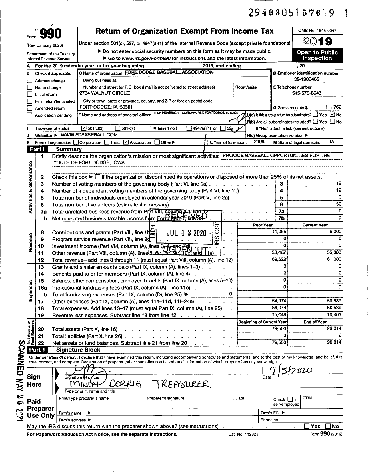 Image of first page of 2019 Form 990 for Fort Dodge Baseball Association (FDBA)