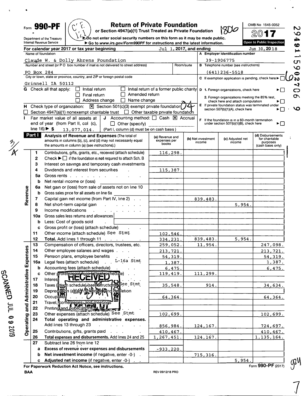 Image of first page of 2017 Form 990PF for Claude W. and Dolly Ahrens Foundation