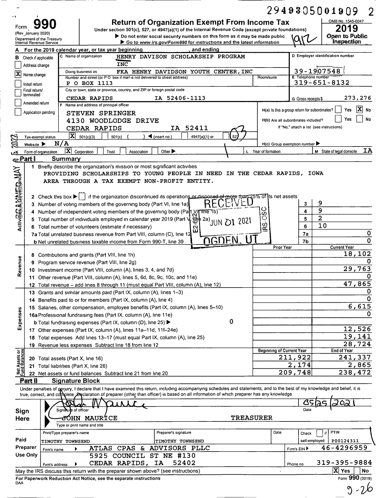 Image of first page of 2019 Form 990 for Henry Davison Youth Center