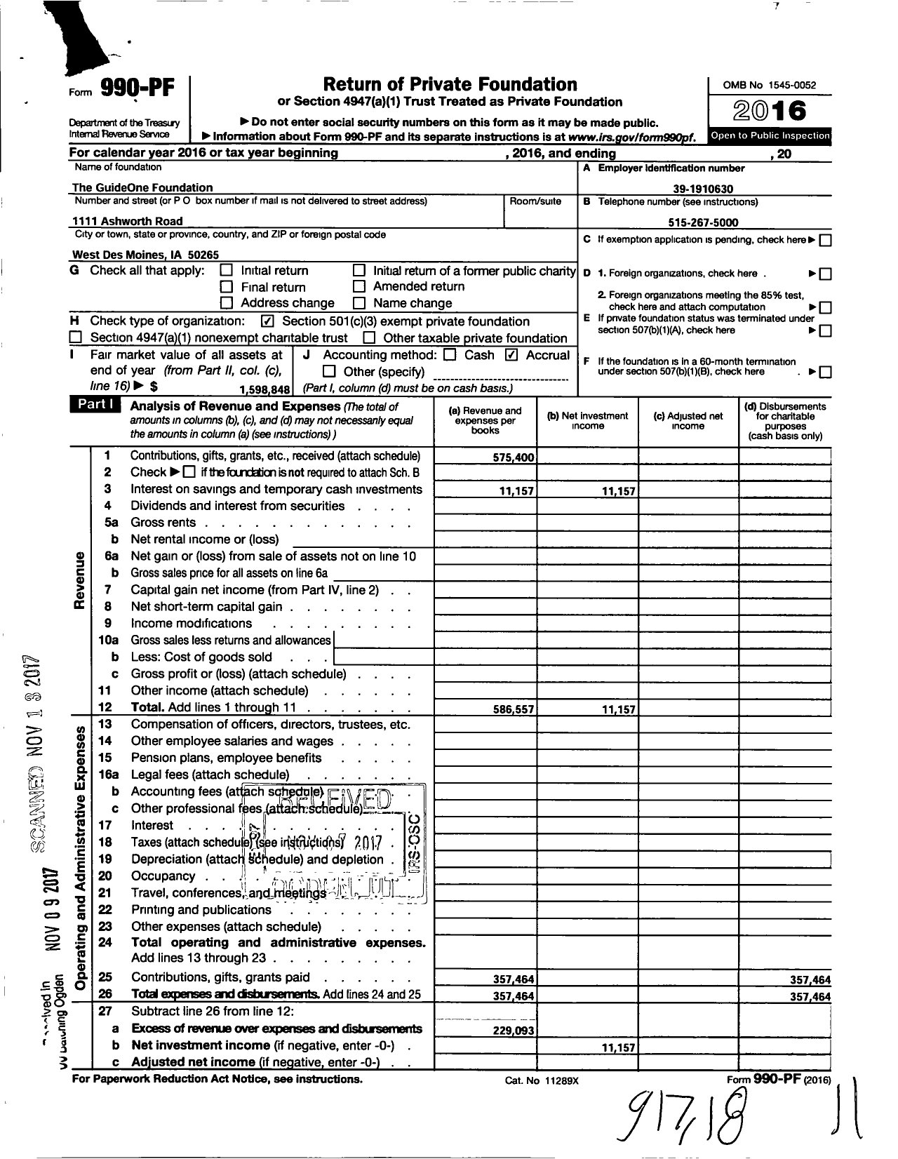 Image of first page of 2016 Form 990PF for The Guideone Foundation