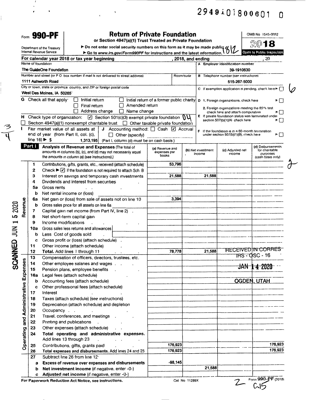 Image of first page of 2018 Form 990PR for The Guideone Foundation