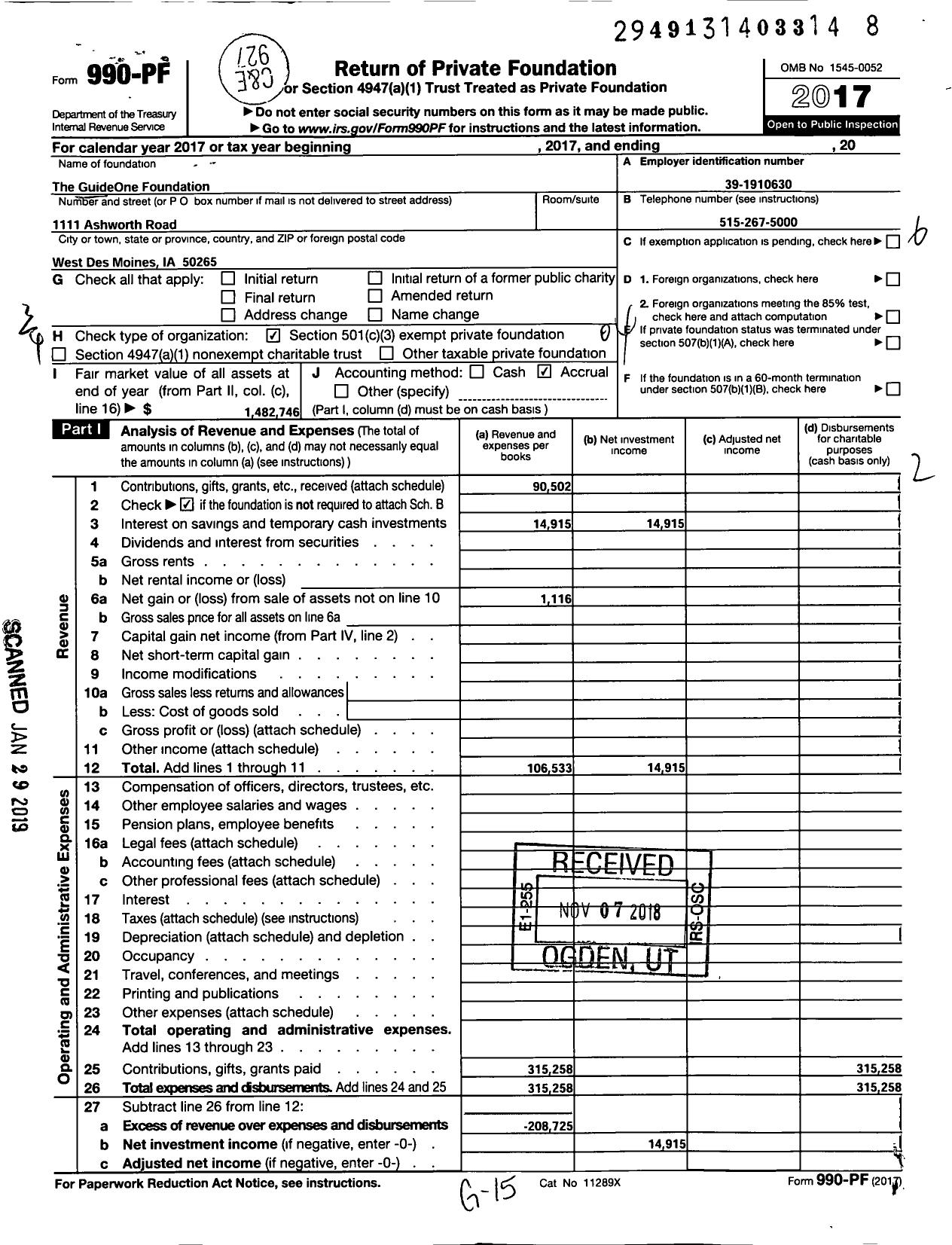 Image of first page of 2017 Form 990PF for The Guideone Foundation