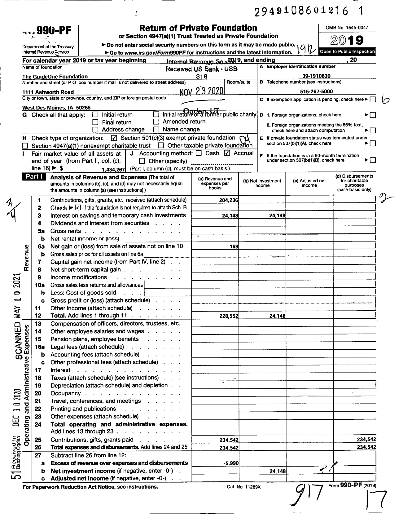 Image of first page of 2019 Form 990PF for The Guideone Foundation