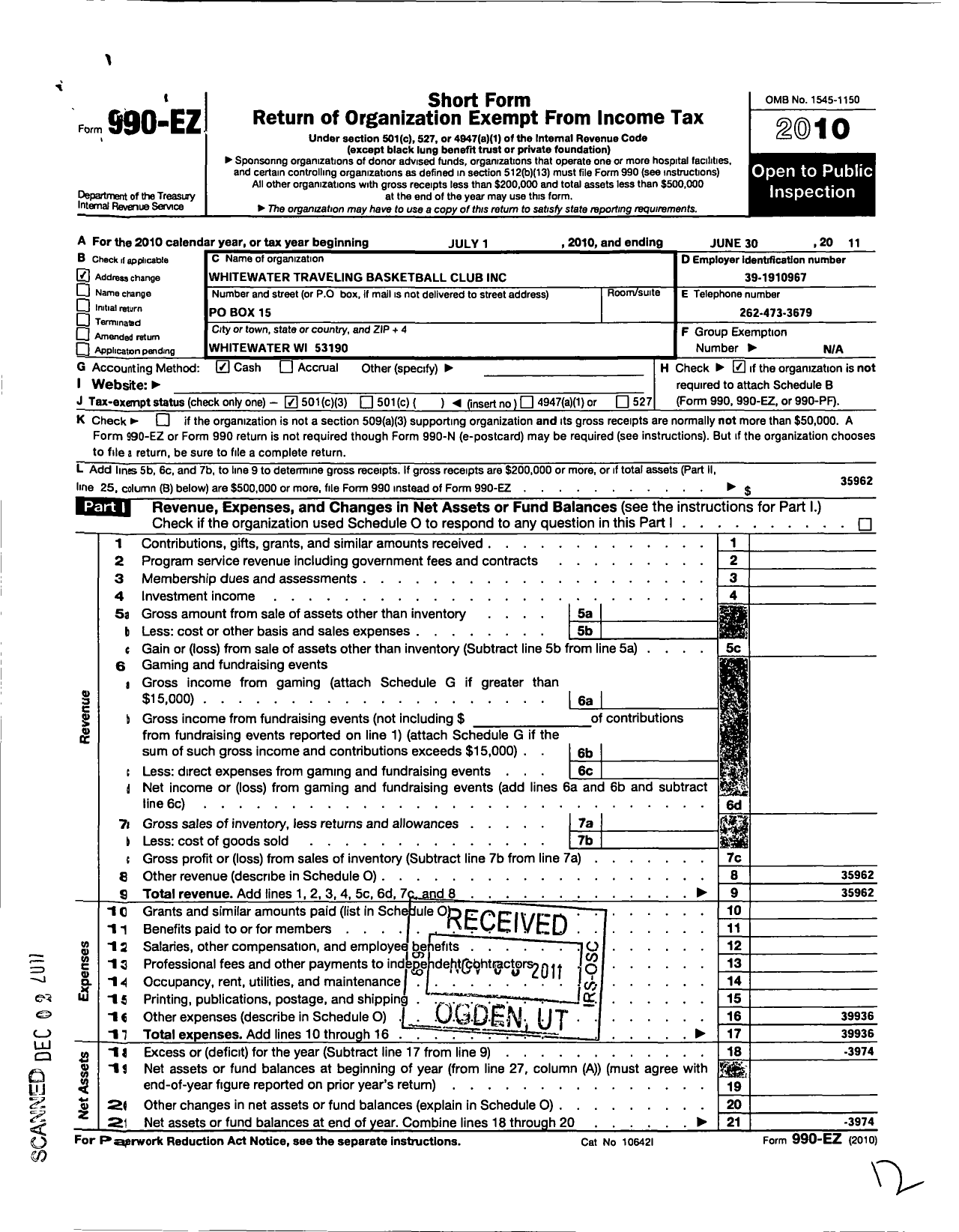 Image of first page of 2010 Form 990EZ for Whitewater Traveling Basketball Club