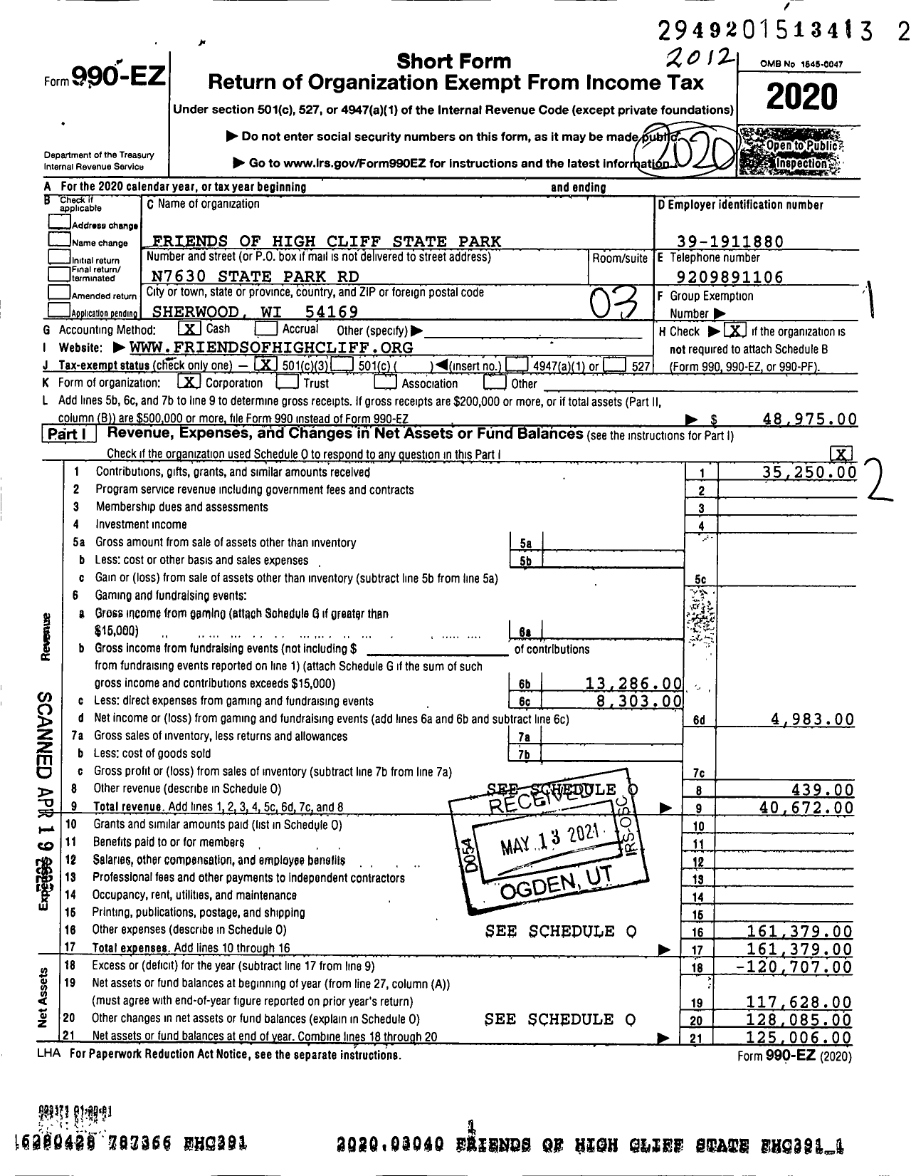 Image of first page of 2020 Form 990EZ for Friends of High Cliff State Park