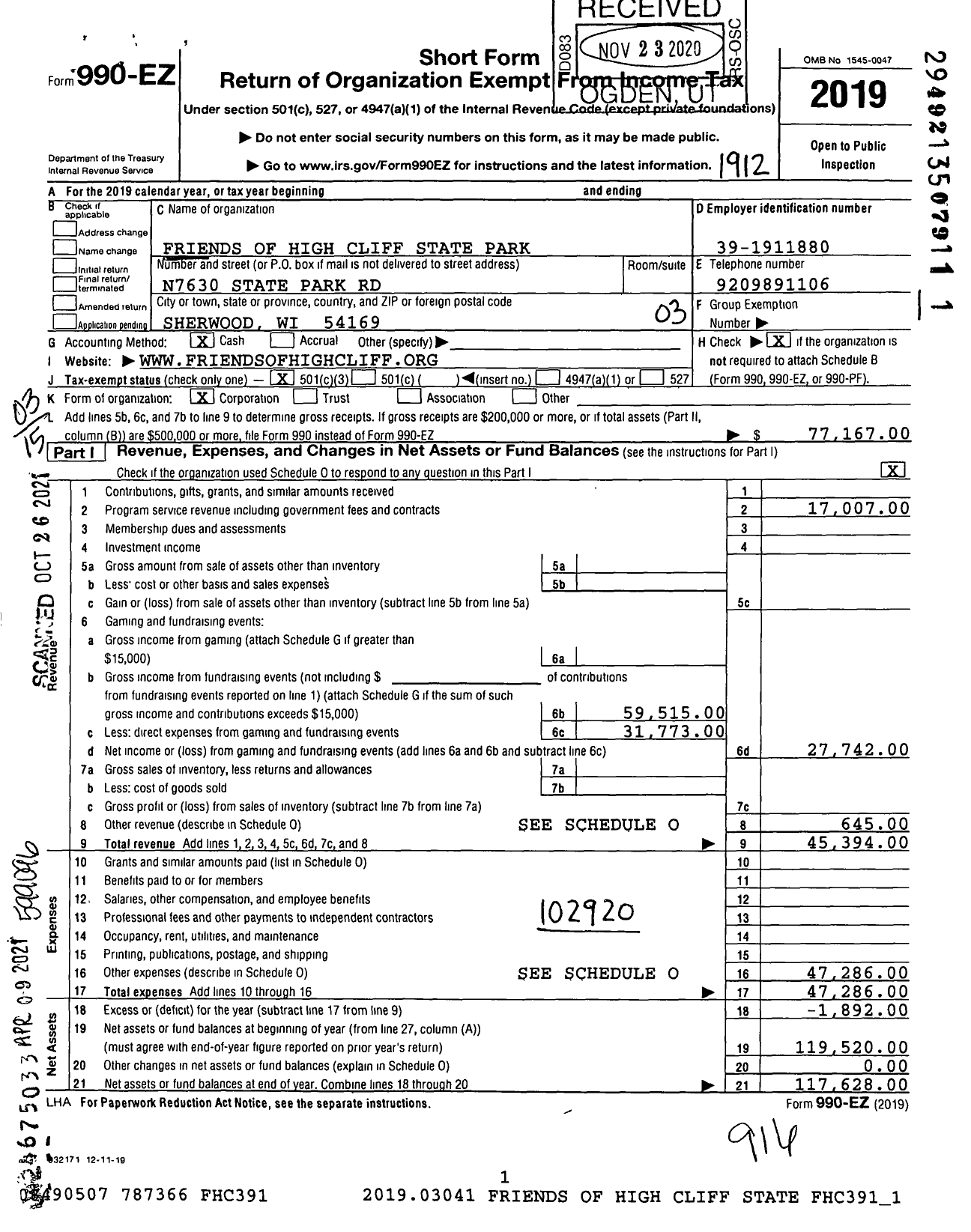 Image of first page of 2019 Form 990EZ for Friends of High Cliff State Park