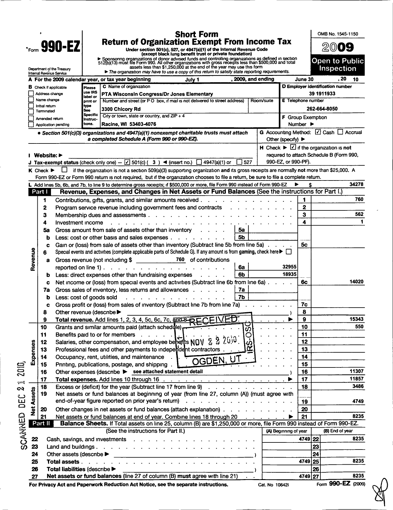 Image of first page of 2009 Form 990EZ for PTA Wisconsin Congress / Dr Jones Elementary