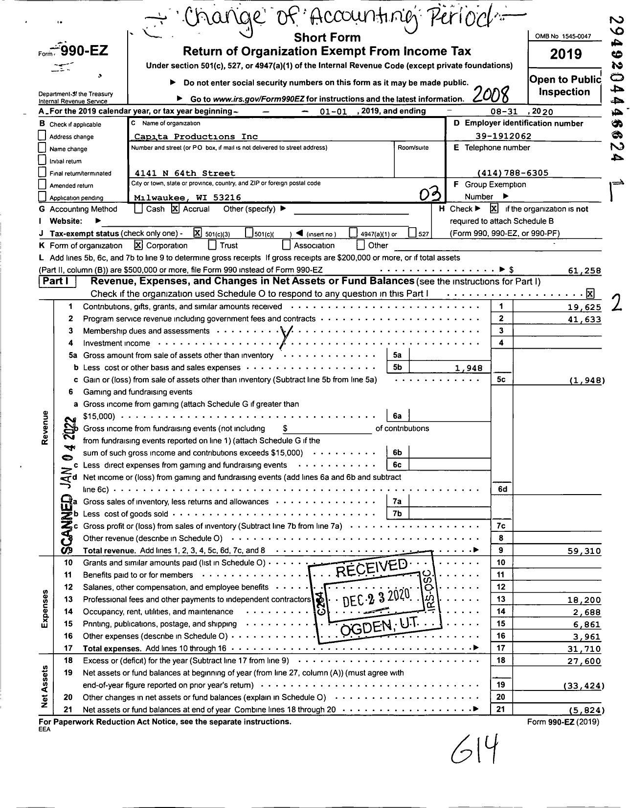 Image of first page of 2019 Form 990EZ for Capita Productions