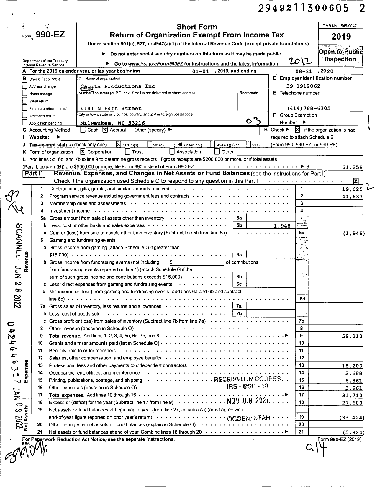 Image of first page of 2020 Form 990EZ for Capita Productions