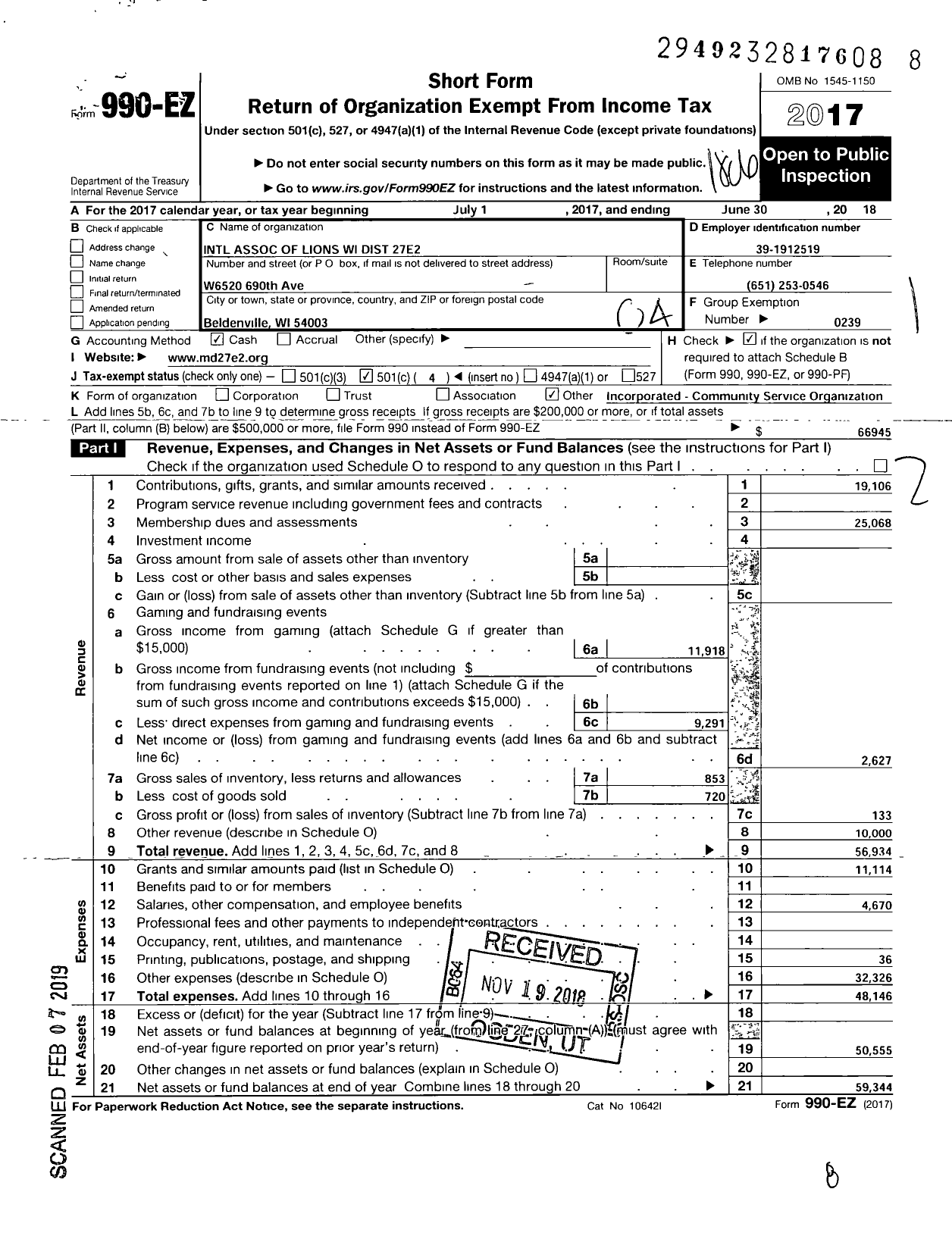 Image of first page of 2017 Form 990EO for Lions Clubs - 65755 27 E2 District