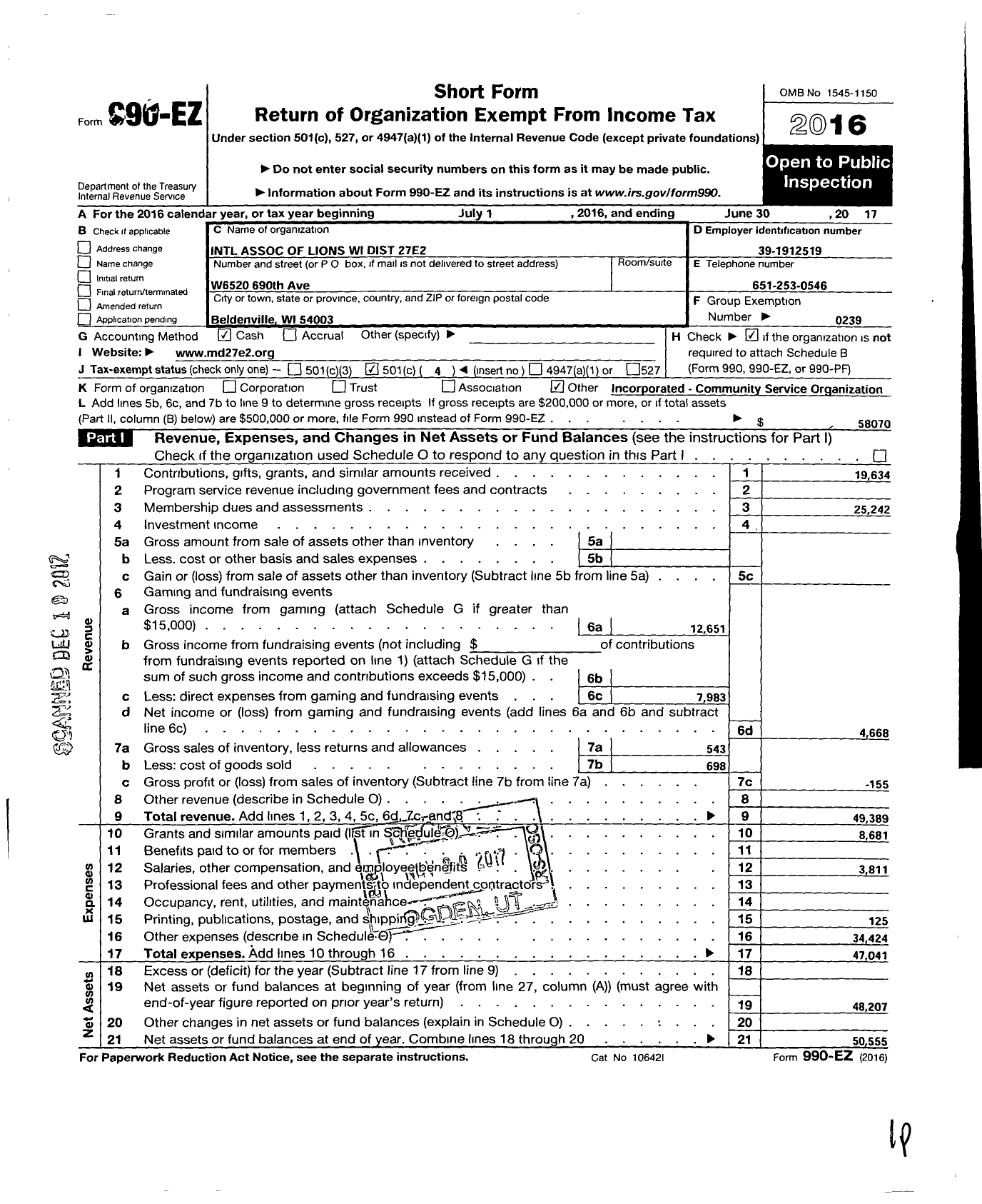 Image of first page of 2016 Form 990EO for Lions Clubs - 65755 27 E2 District