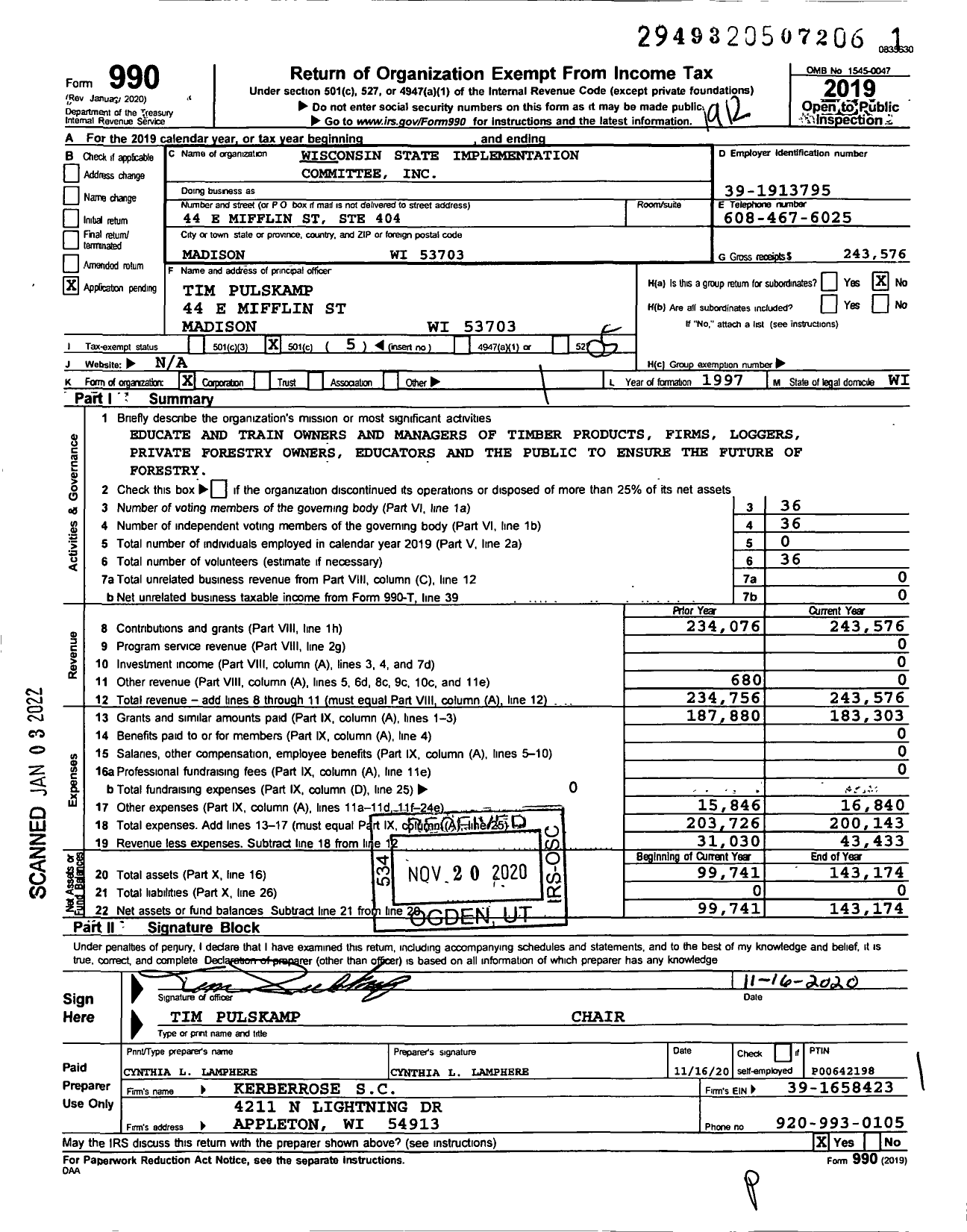 Image of first page of 2019 Form 990O for Wisconsin State Implementation Committee