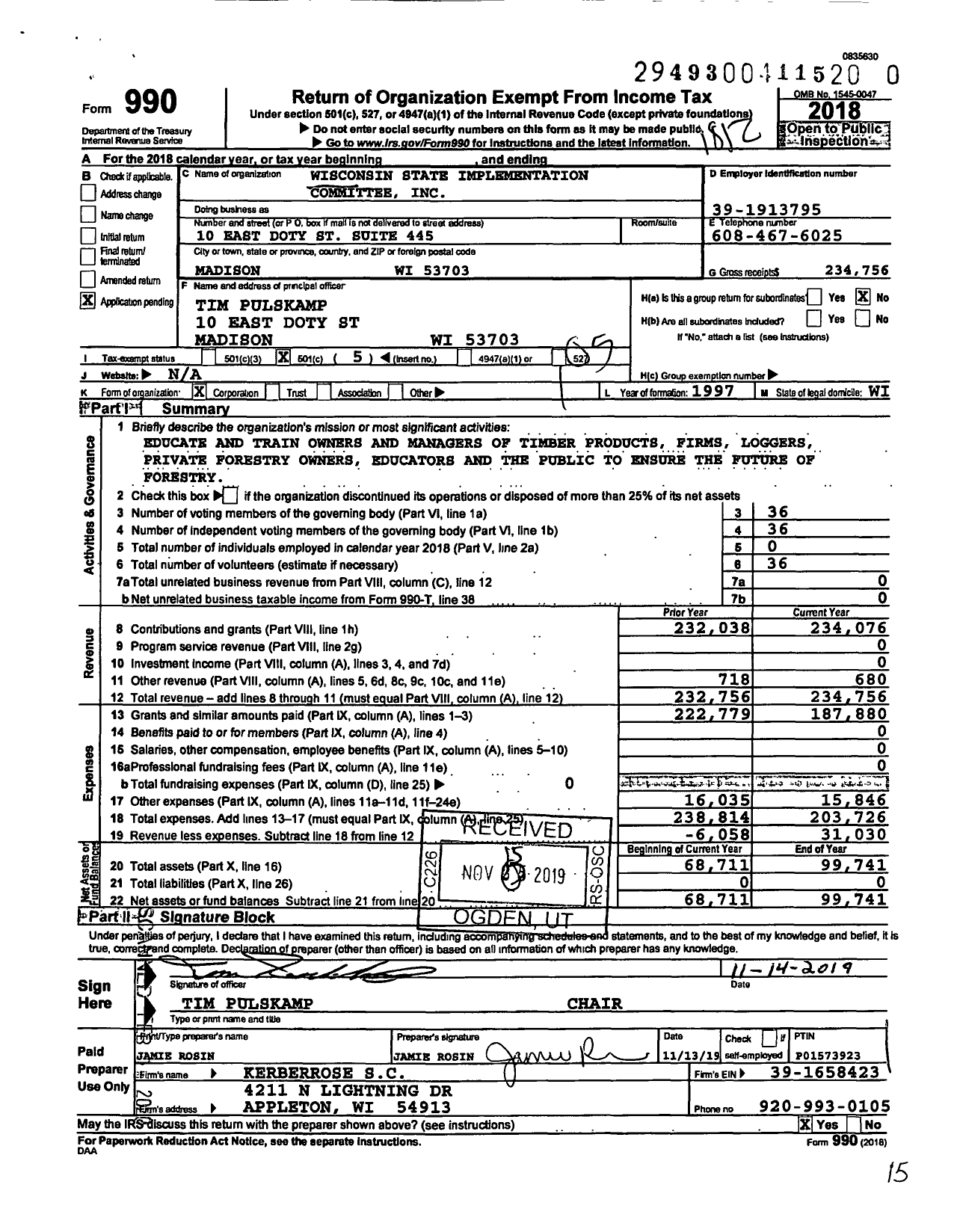 Image of first page of 2018 Form 990O for Wisconsin State Implementation Committee