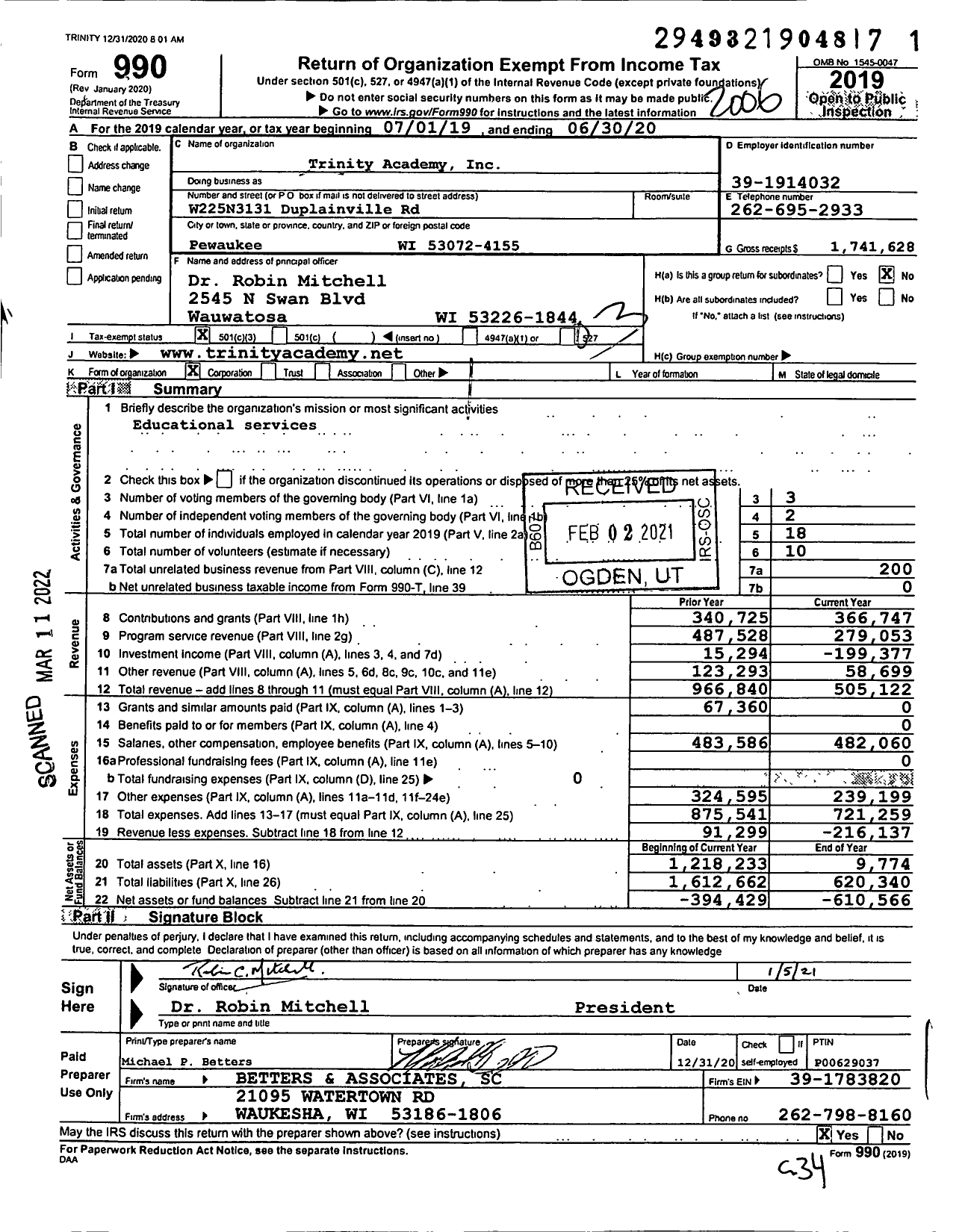 Image of first page of 2019 Form 990 for Trinity Academy