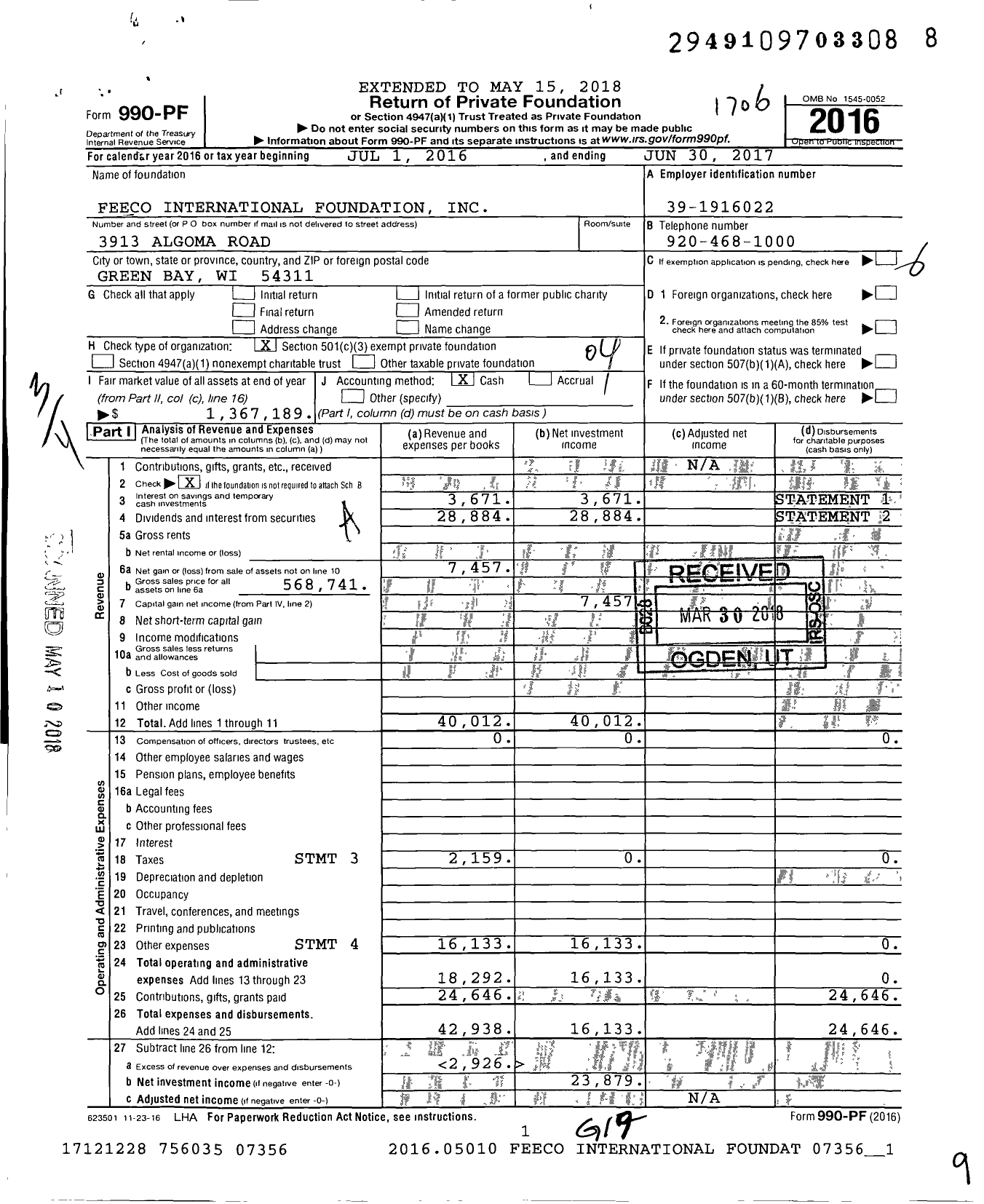 Image of first page of 2016 Form 990PF for Feeco International Foundation