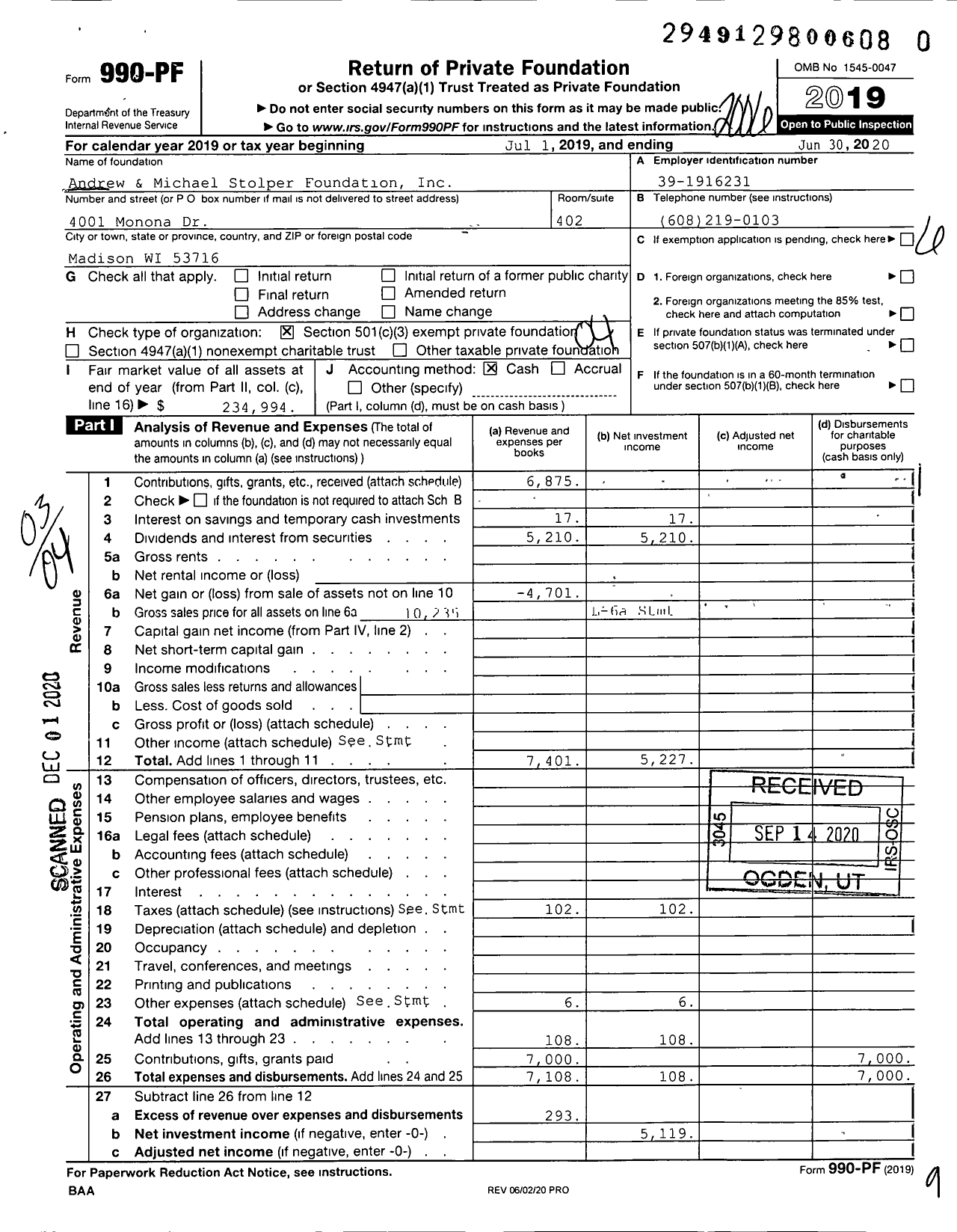 Image of first page of 2019 Form 990PF for Andrew and Michael Stolper Foundation