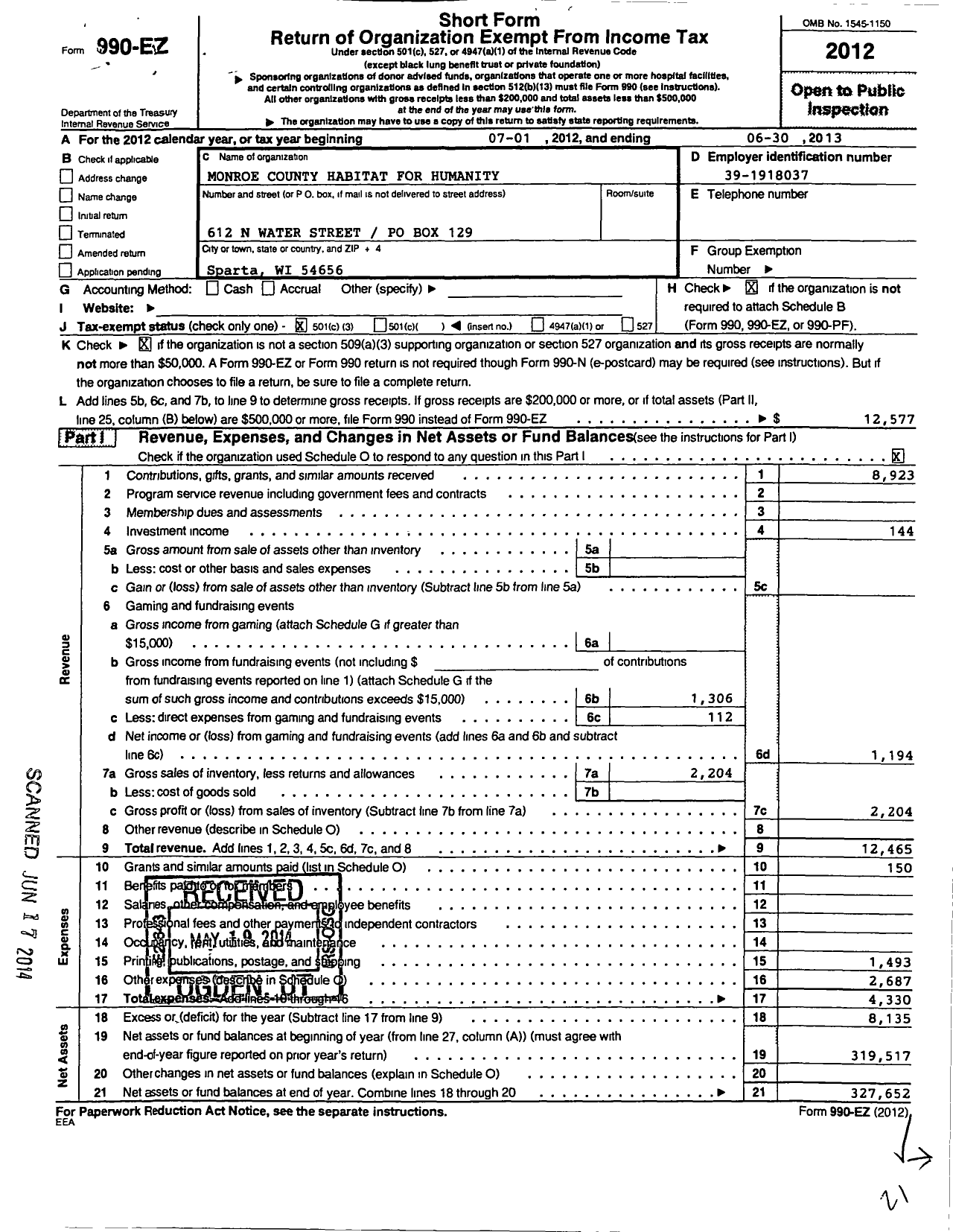 Image of first page of 2012 Form 990EZ for Monroe County Habitat for Humanity