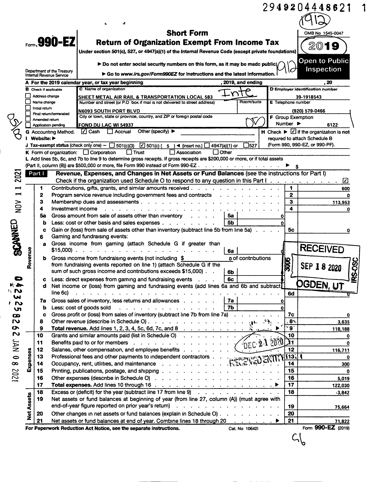 Image of first page of 2019 Form 990EO for Smart Union - 583 TD