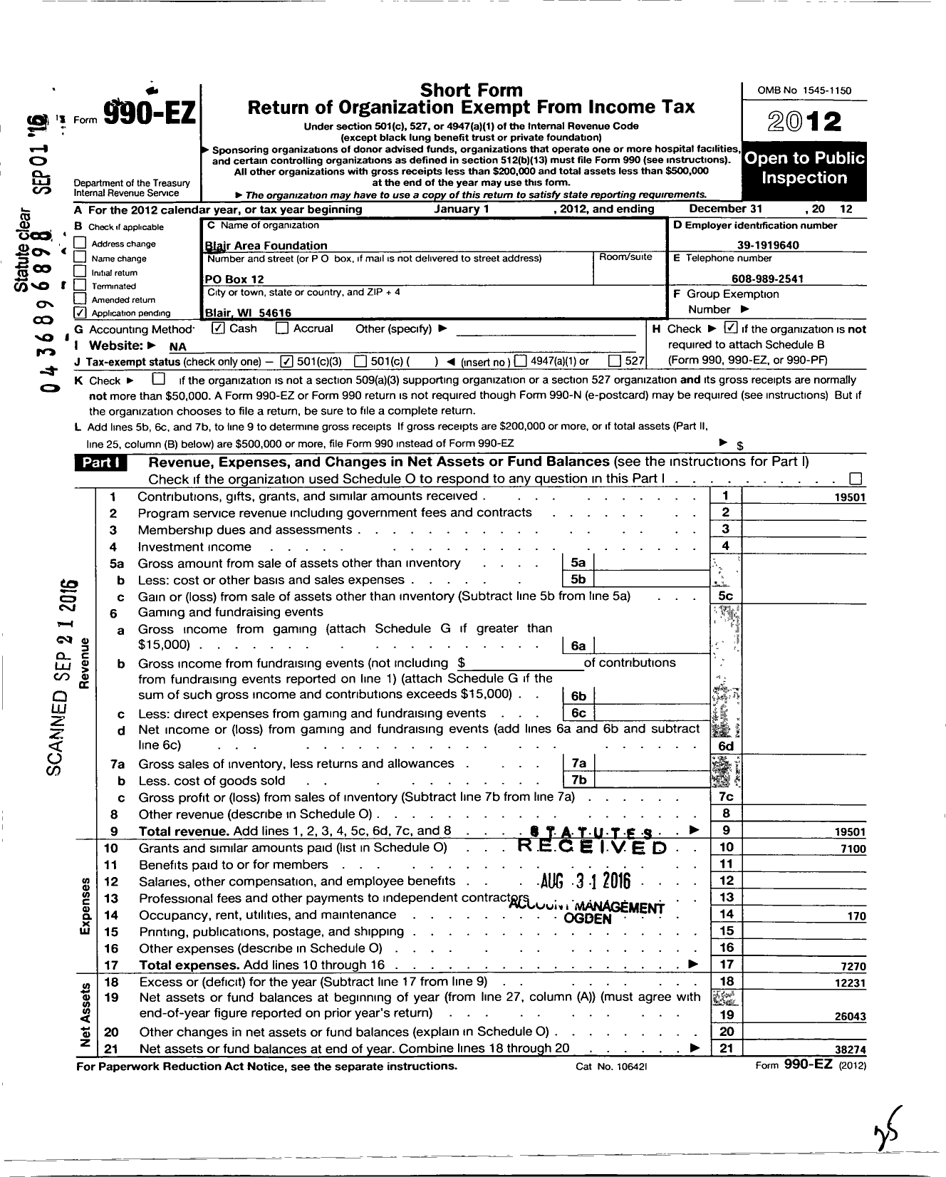 Image of first page of 2012 Form 990EZ for Blair Area Foundation