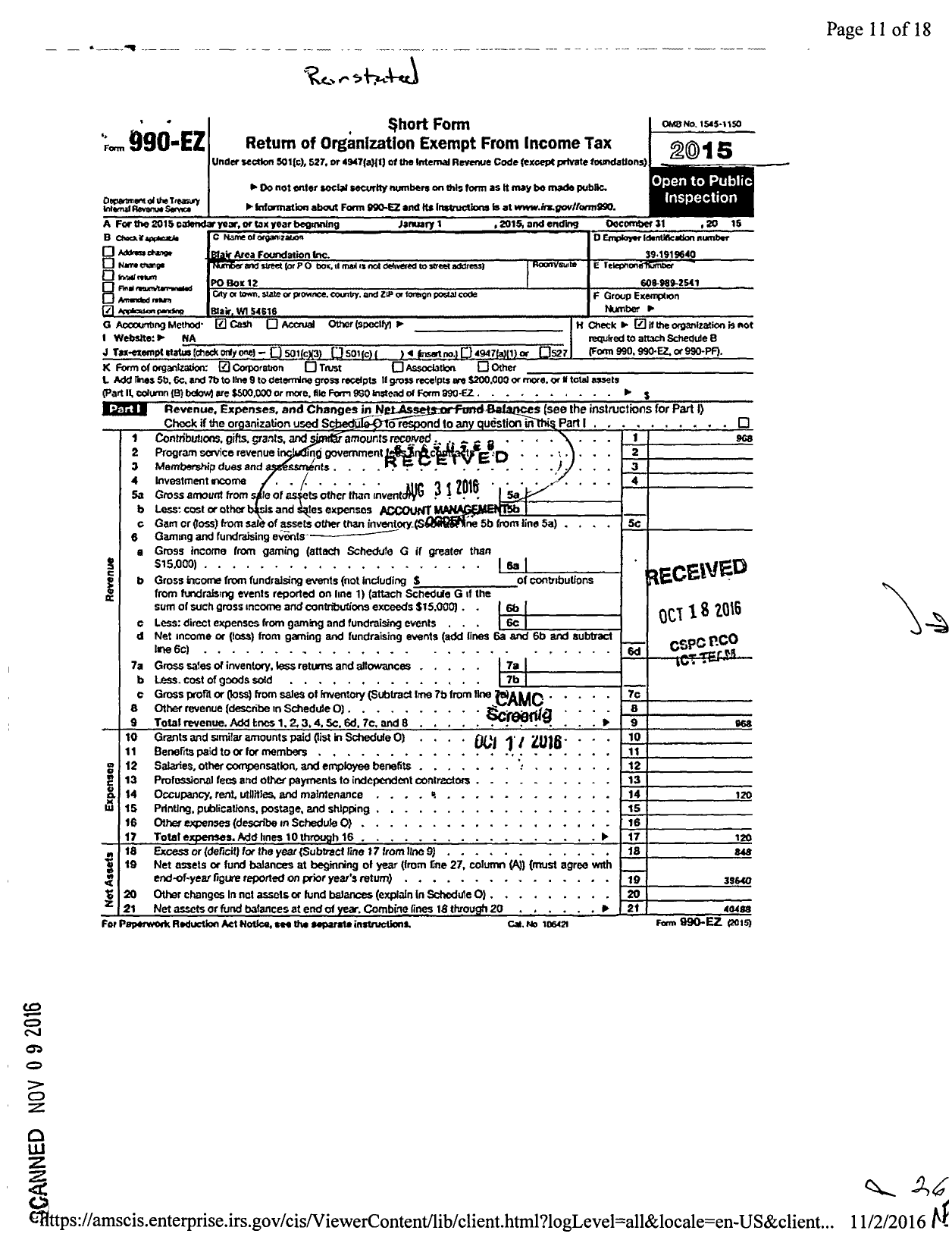 Image of first page of 2015 Form 990EO for Blair Area Foundation