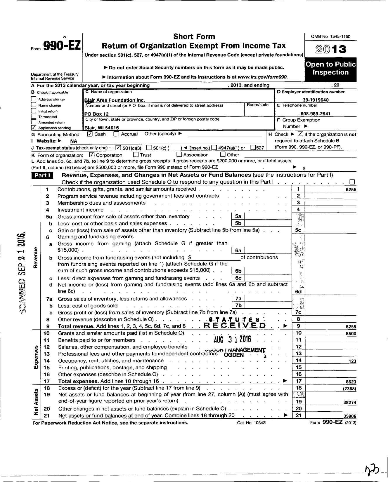 Image of first page of 2013 Form 990EZ for Blair Area Foundation