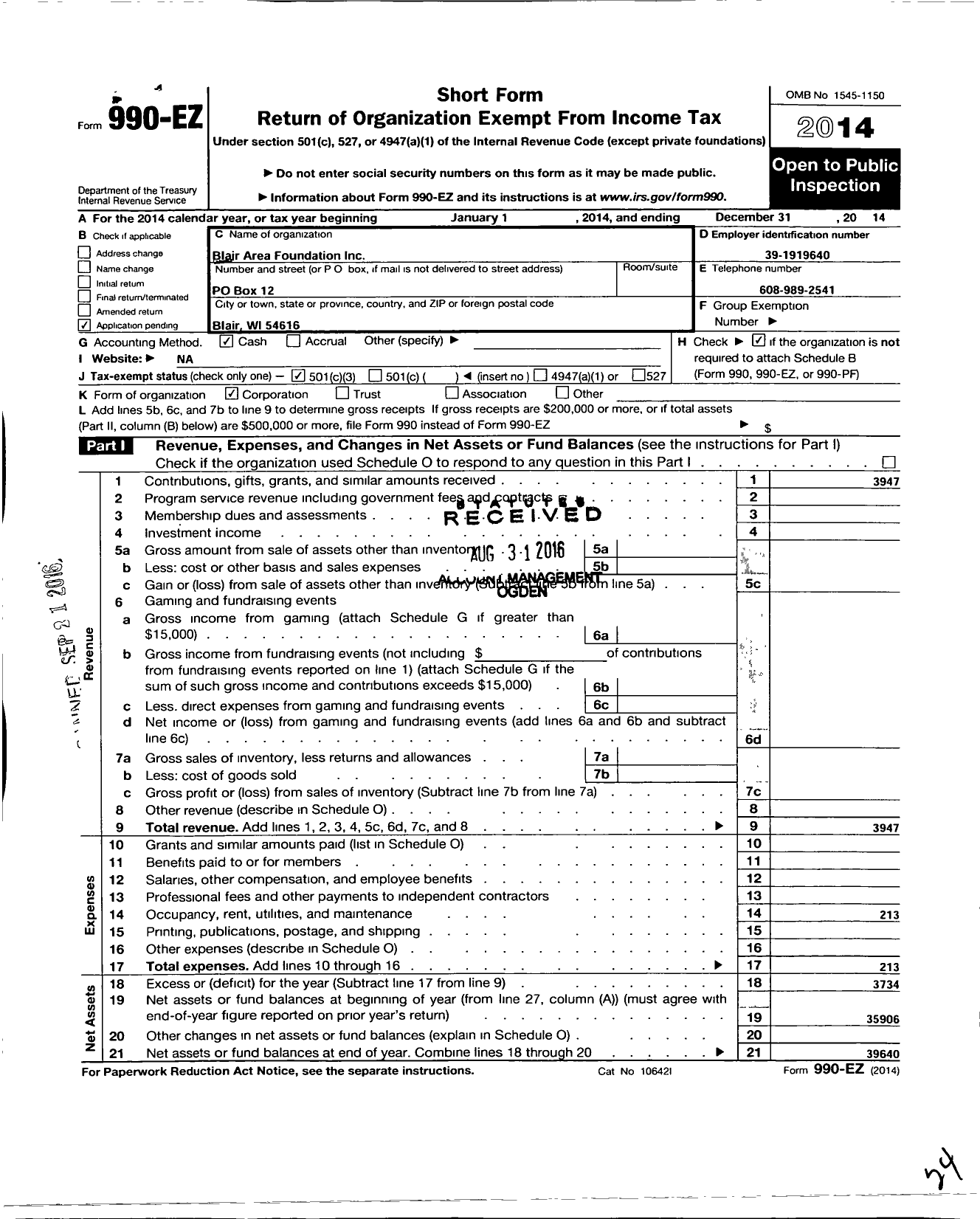 Image of first page of 2014 Form 990EZ for Blair Area Foundation