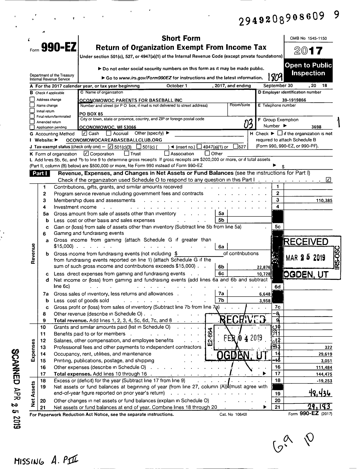 Image of first page of 2017 Form 990EZ for Oconomowoc Area Baseball Club